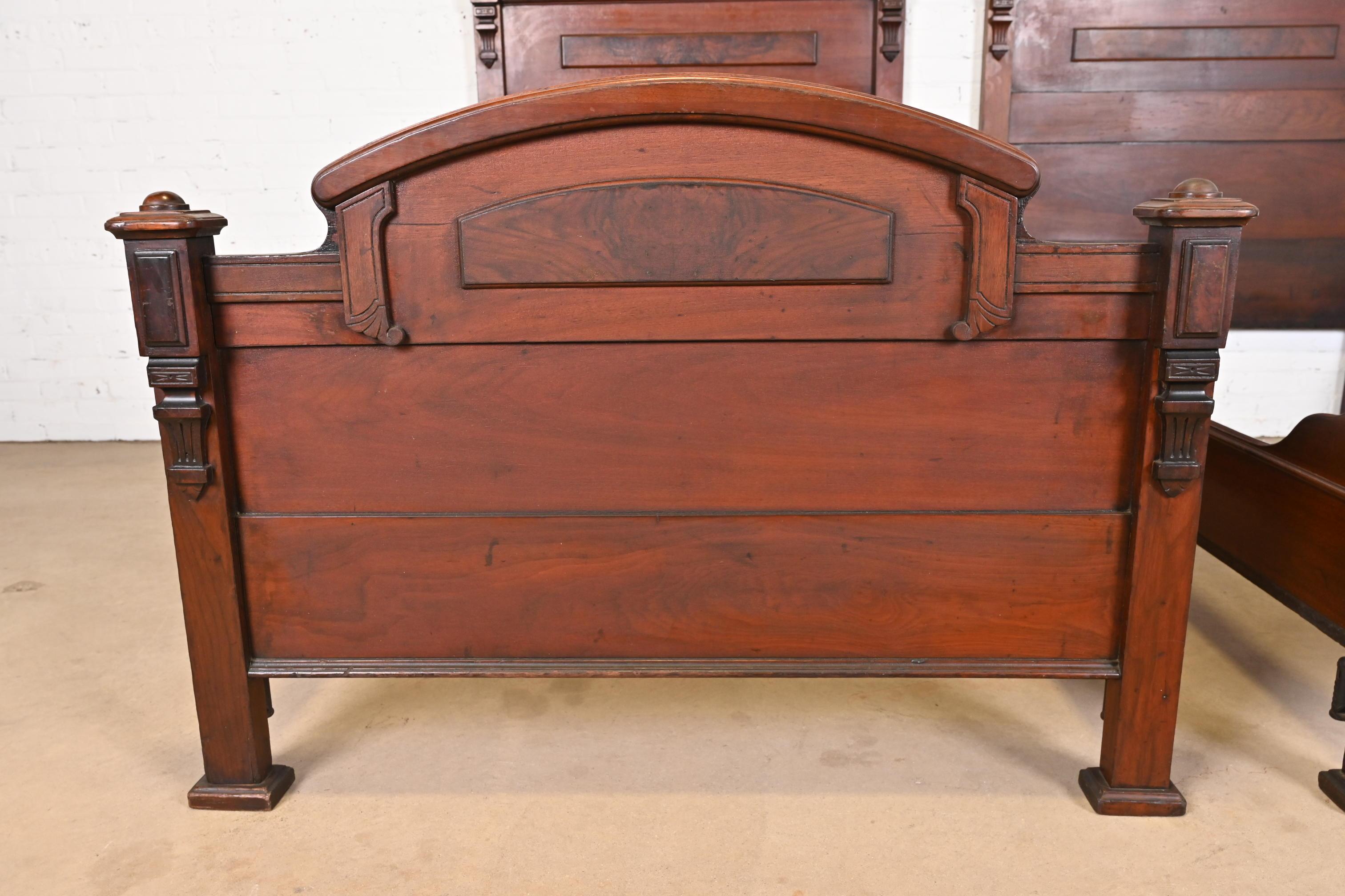 Herter Brothers Style Antique Eastlake Victorian Burled Walnut Twin Beds, Pair For Sale 8