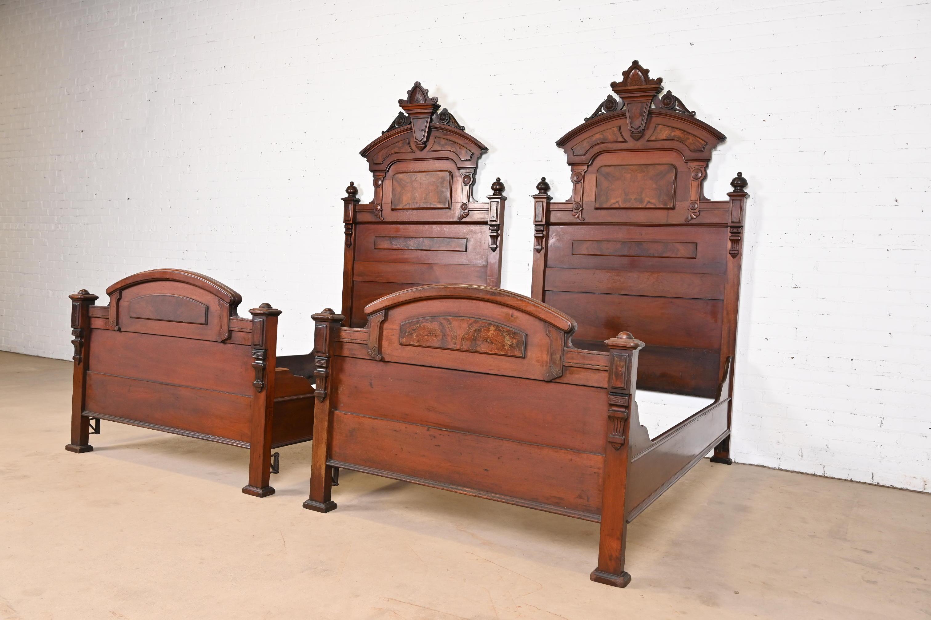 American Herter Brothers Style Antique Eastlake Victorian Burled Walnut Twin Beds, Pair For Sale