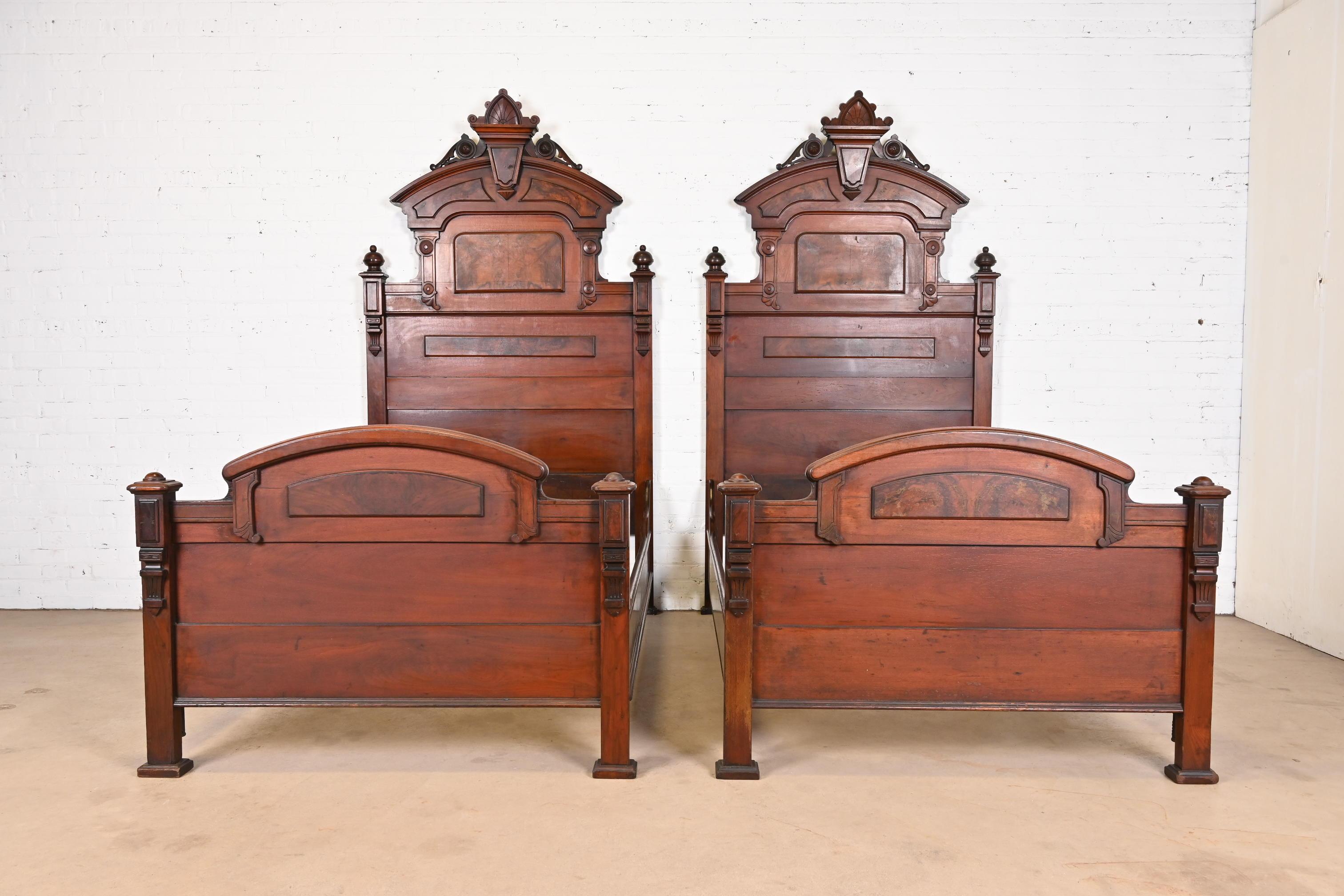 19th Century Herter Brothers Style Antique Eastlake Victorian Burled Walnut Twin Beds, Pair For Sale