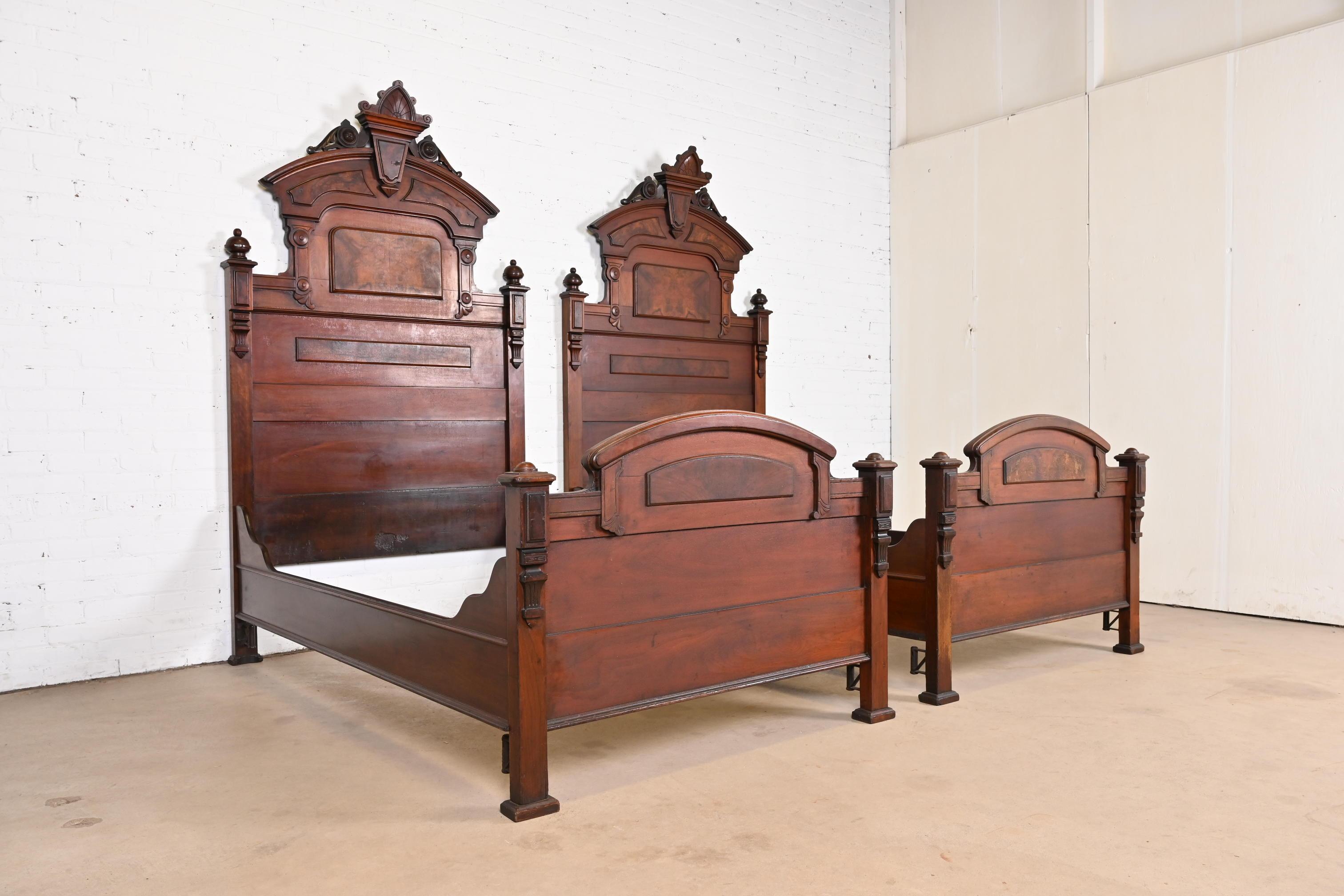 Herter Brothers Style Antique Eastlake Victorian Burled Walnut Twin Beds, Pair For Sale 1