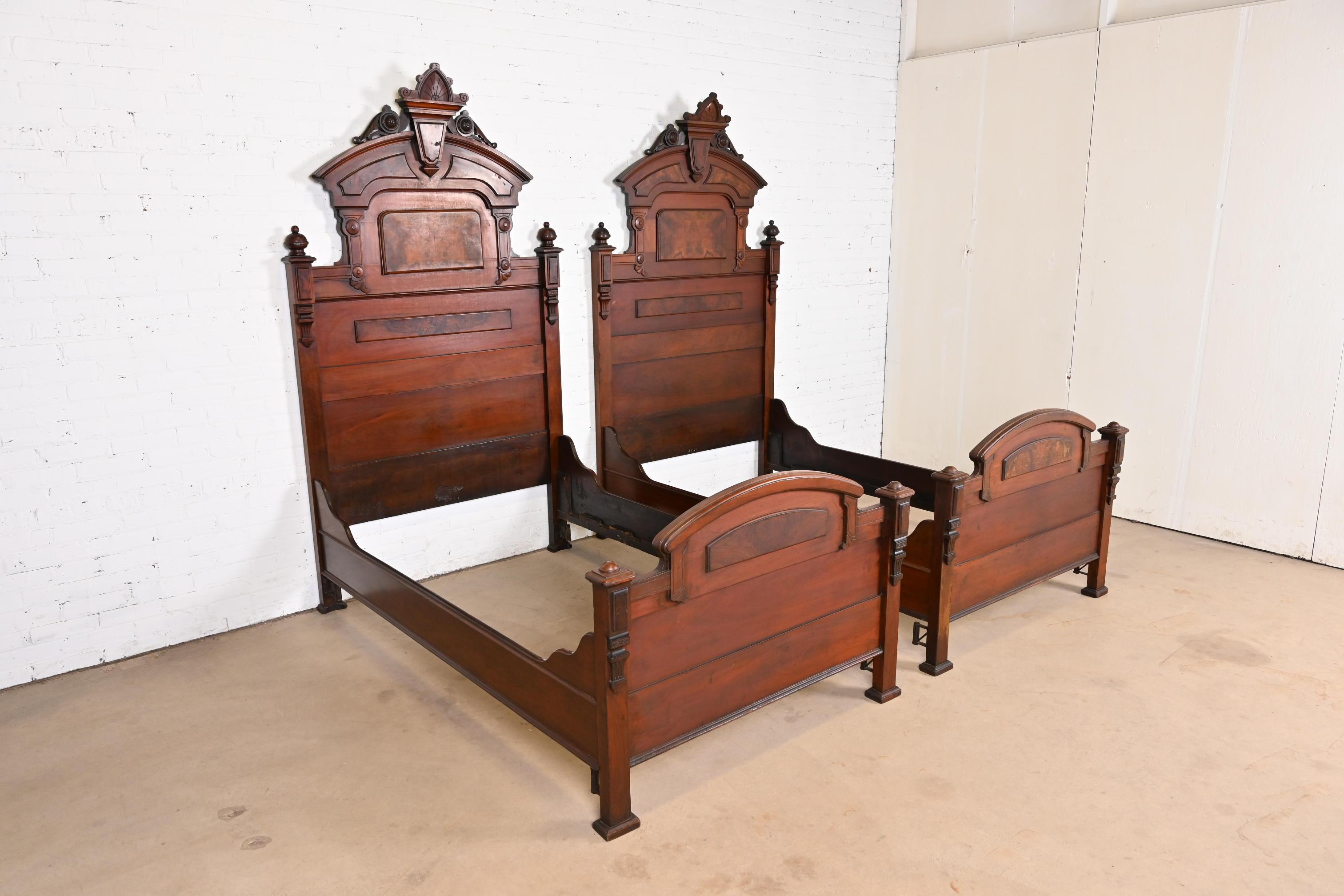 Herter Brothers Style Antique Eastlake Victorian Burled Walnut Twin Beds, Pair For Sale 2