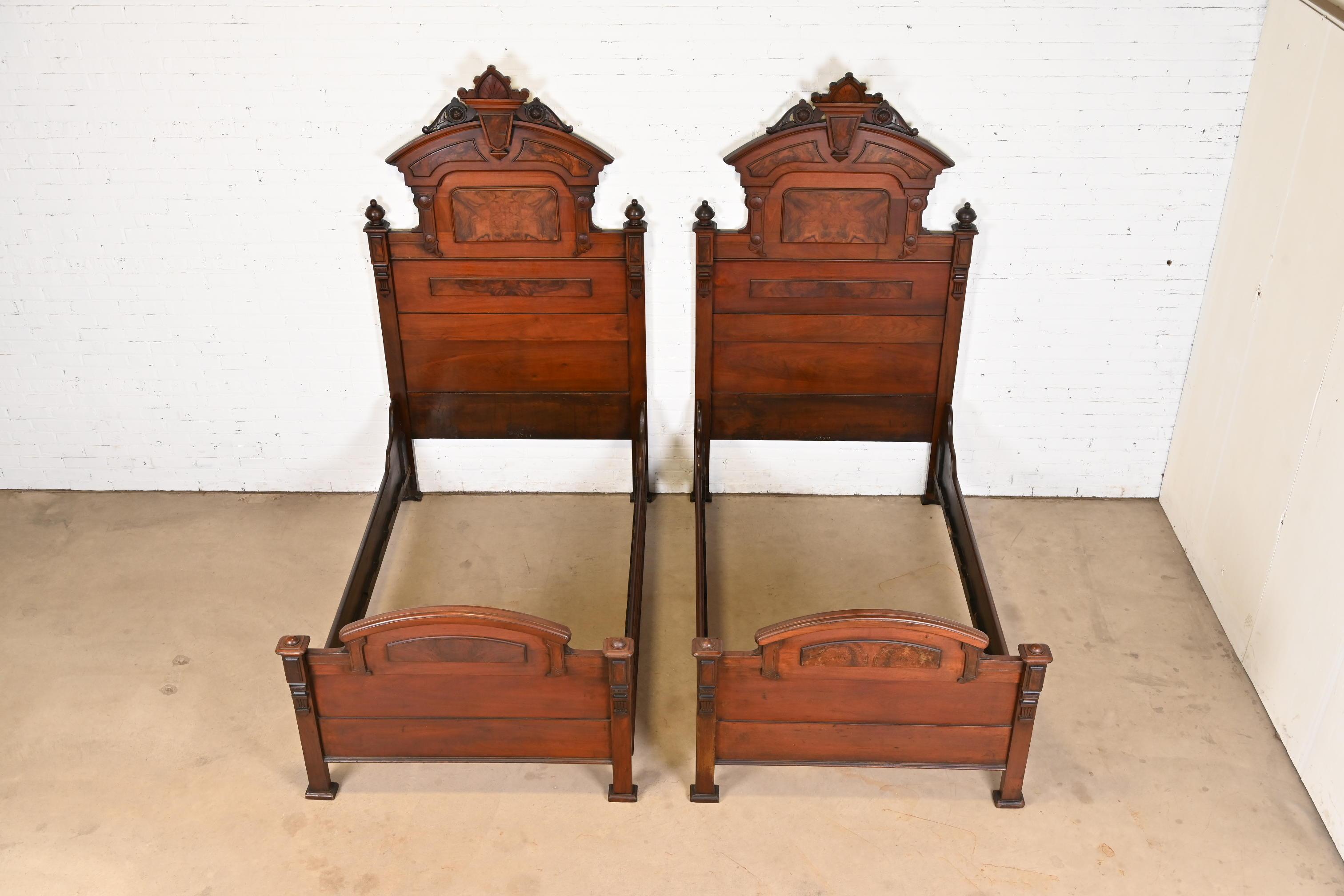Herter Brothers Style Antique Eastlake Victorian Burled Walnut Twin Beds, Pair For Sale 3