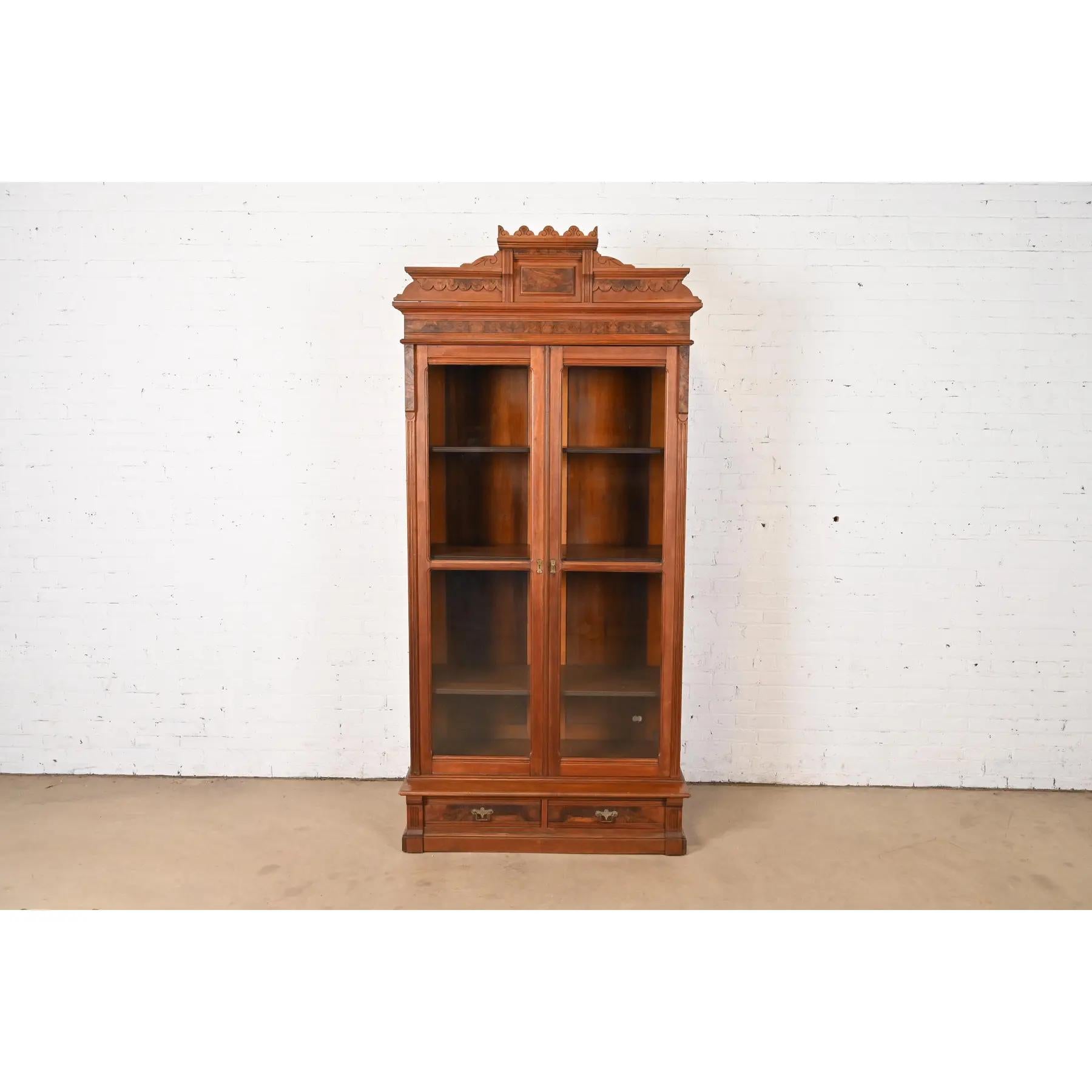 American Herter Brothers Style Antique Eastlake Victorian Carved Burled Walnut Bookcase For Sale