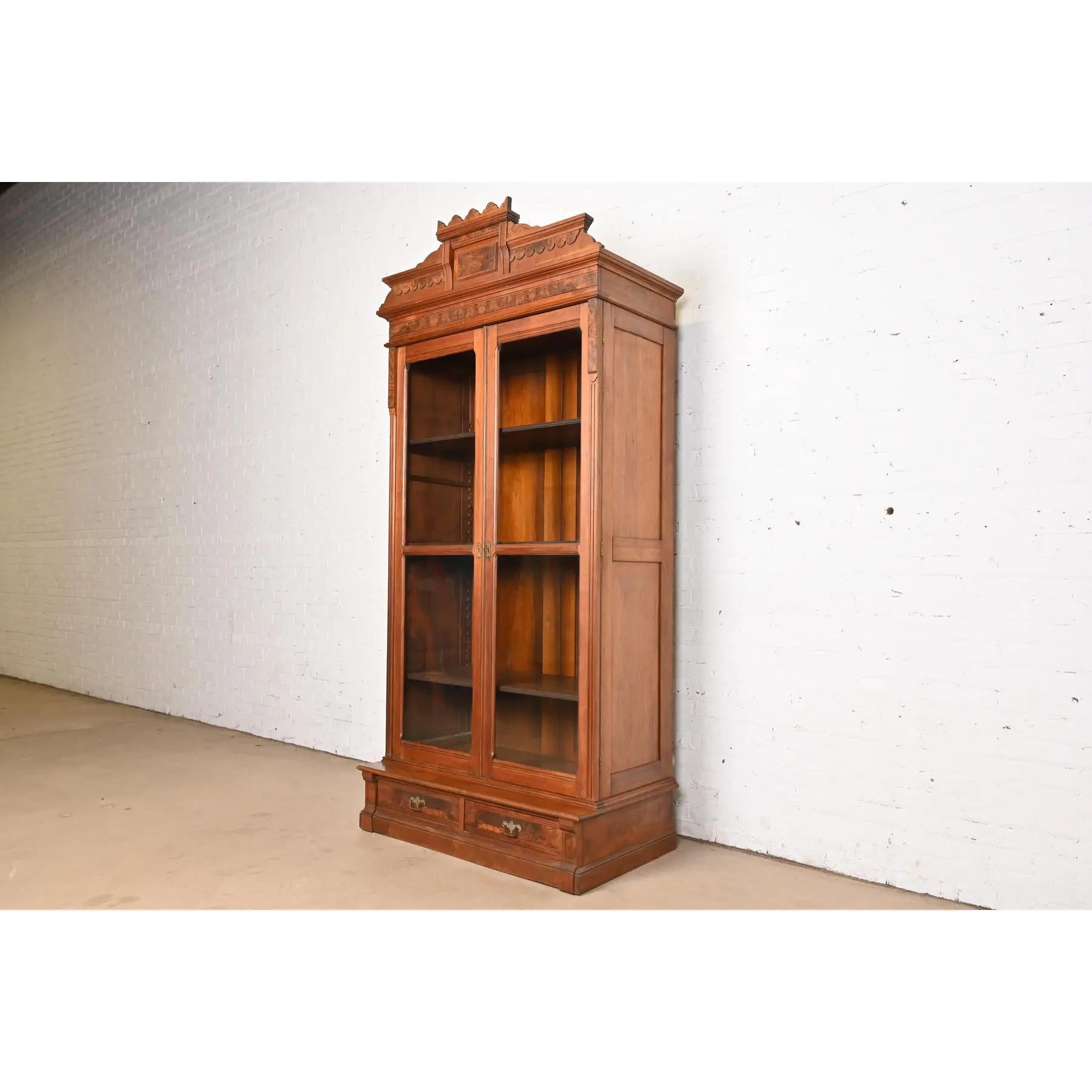 Herter Brothers Style Antique Eastlake Victorian Carved Burled Walnut Bookcase In Good Condition For Sale In South Bend, IN