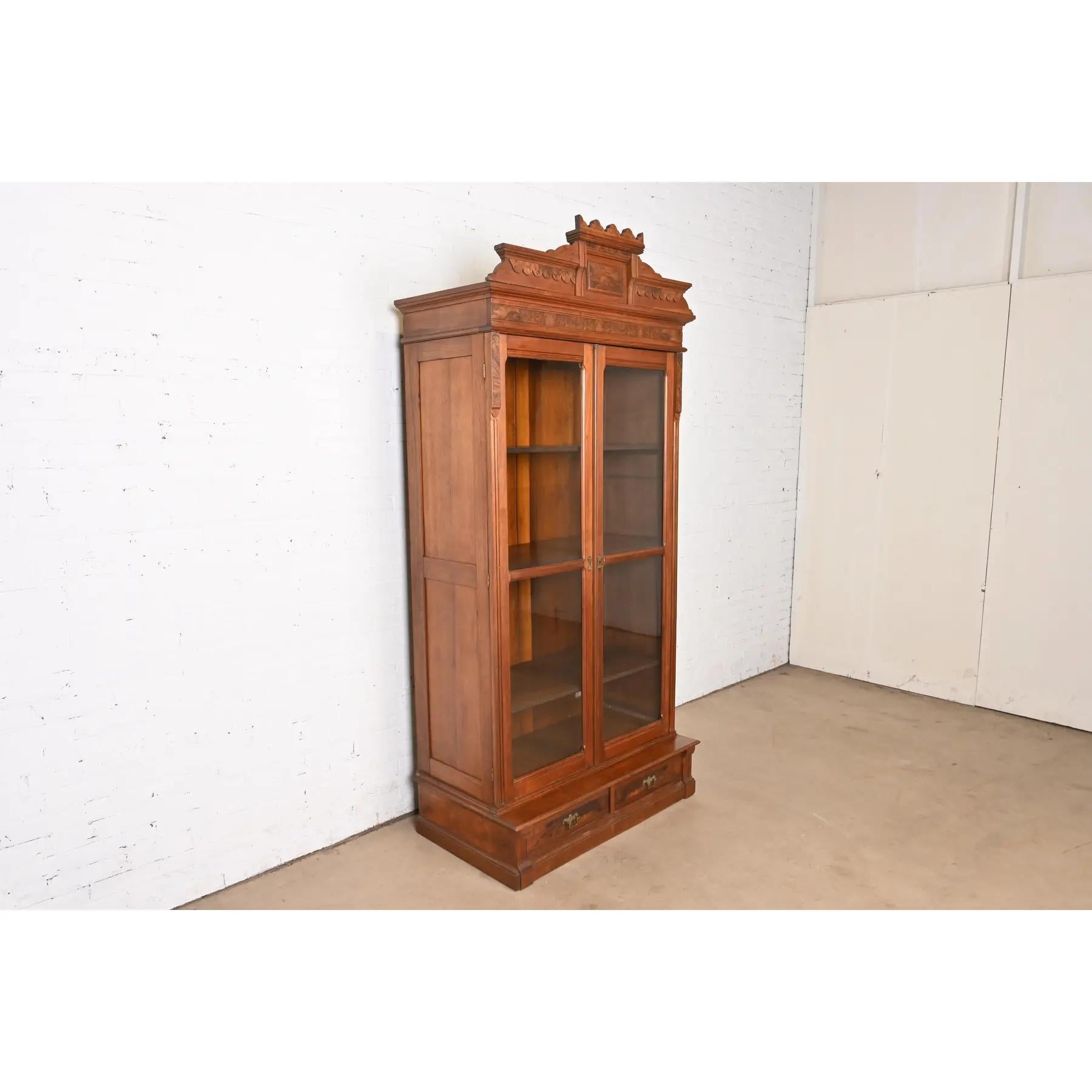 Late 19th Century Herter Brothers Style Antique Eastlake Victorian Carved Burled Walnut Bookcase For Sale