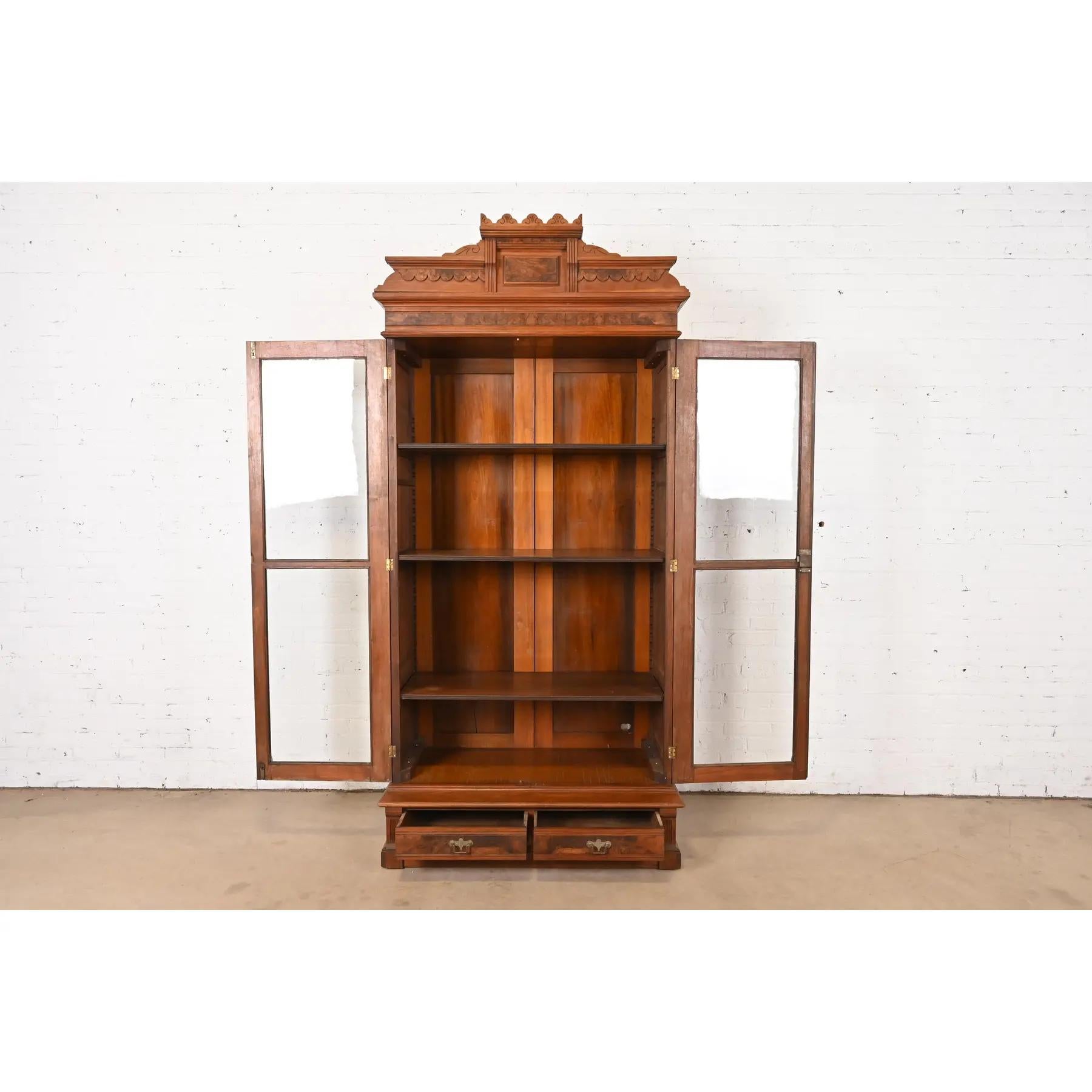 Brass Herter Brothers Style Antique Eastlake Victorian Carved Burled Walnut Bookcase For Sale