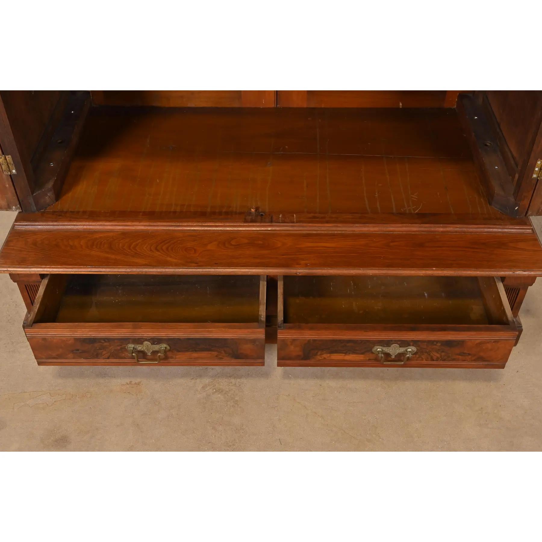 Herter Brothers Style Antique Eastlake Victorian Carved Burled Walnut Bookcase For Sale 1