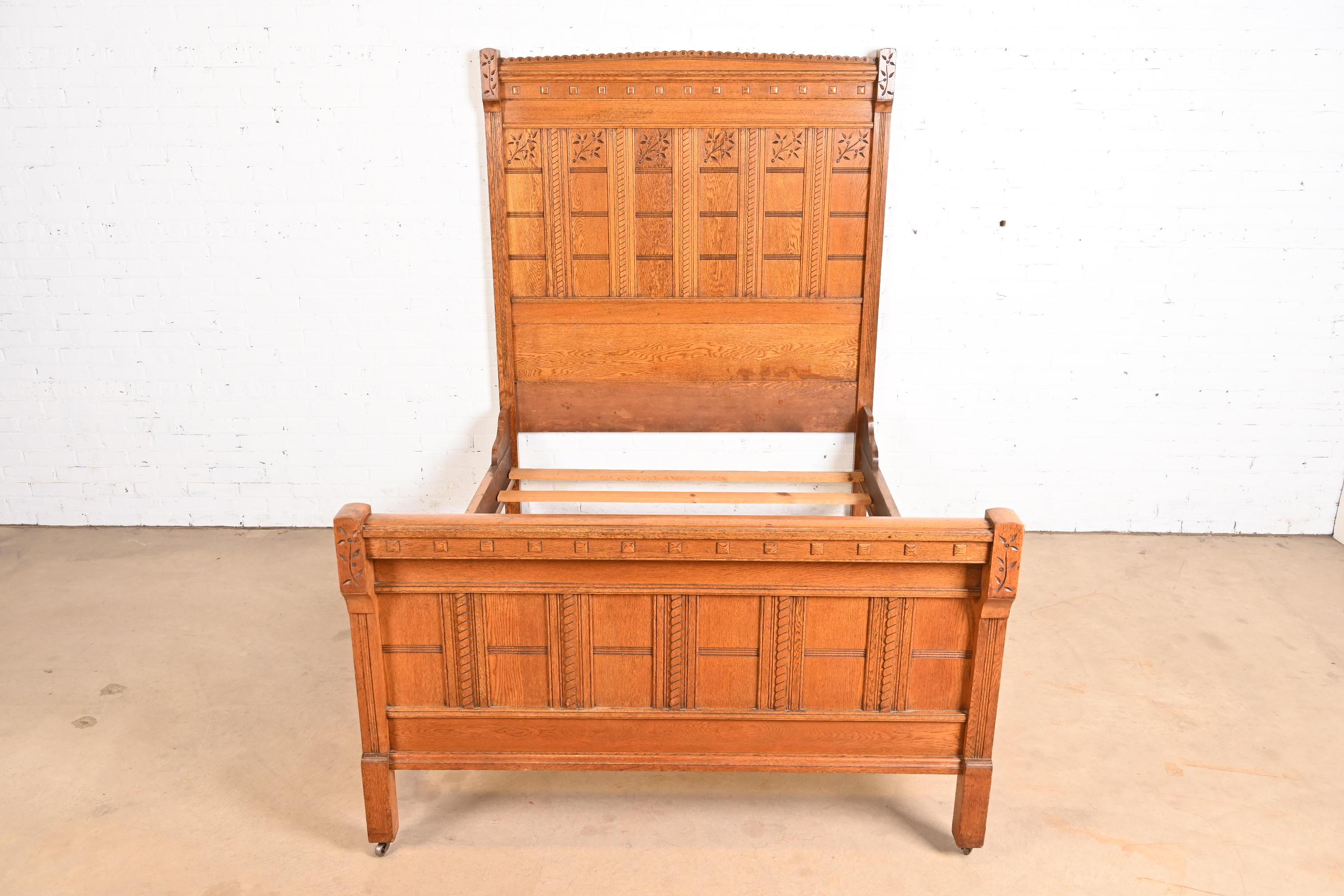 American Herter Brothers Style Antique Eastlake Victorian Carved Oak Full Size Bed For Sale