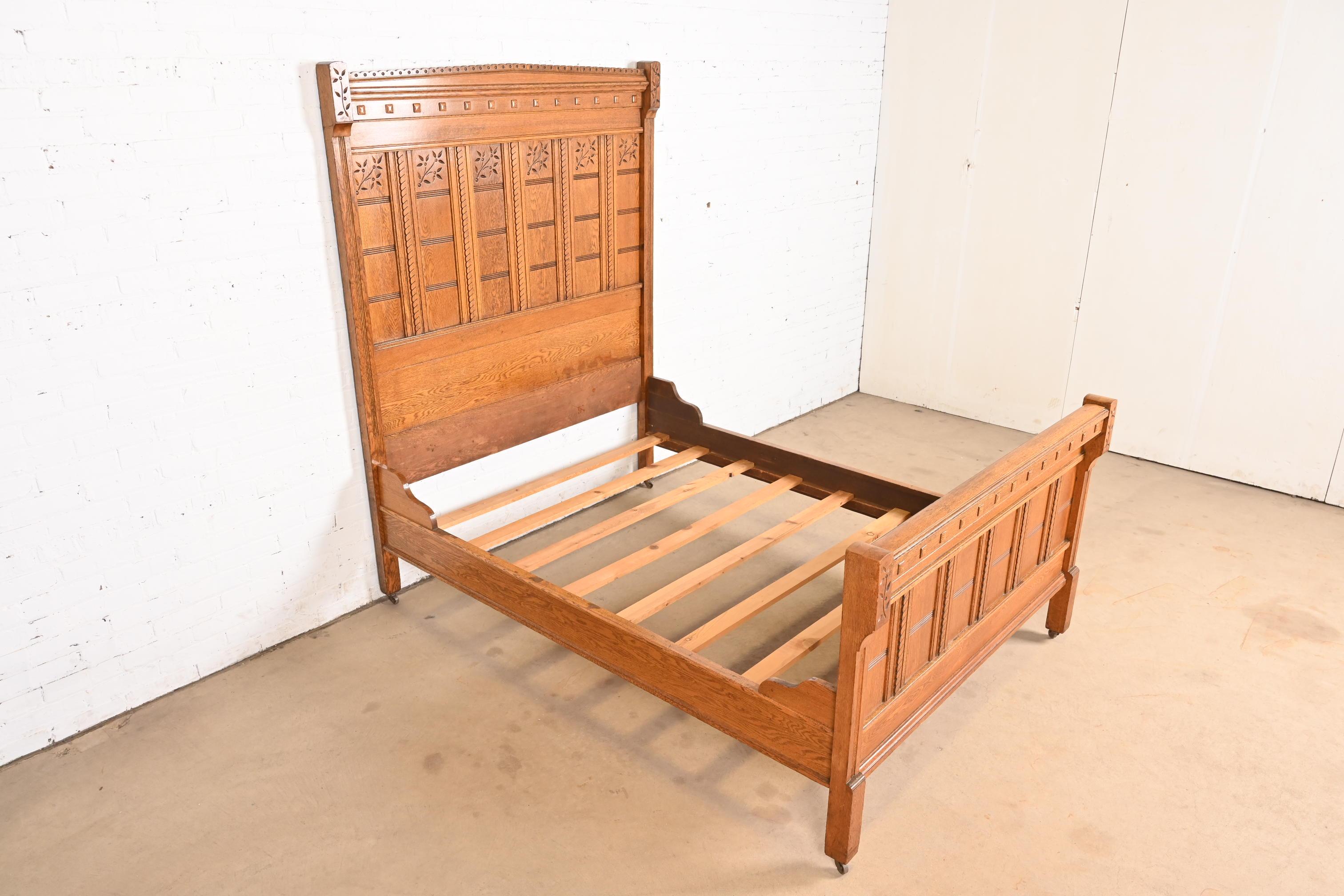 19th Century Herter Brothers Style Antique Eastlake Victorian Carved Oak Full Size Bed For Sale