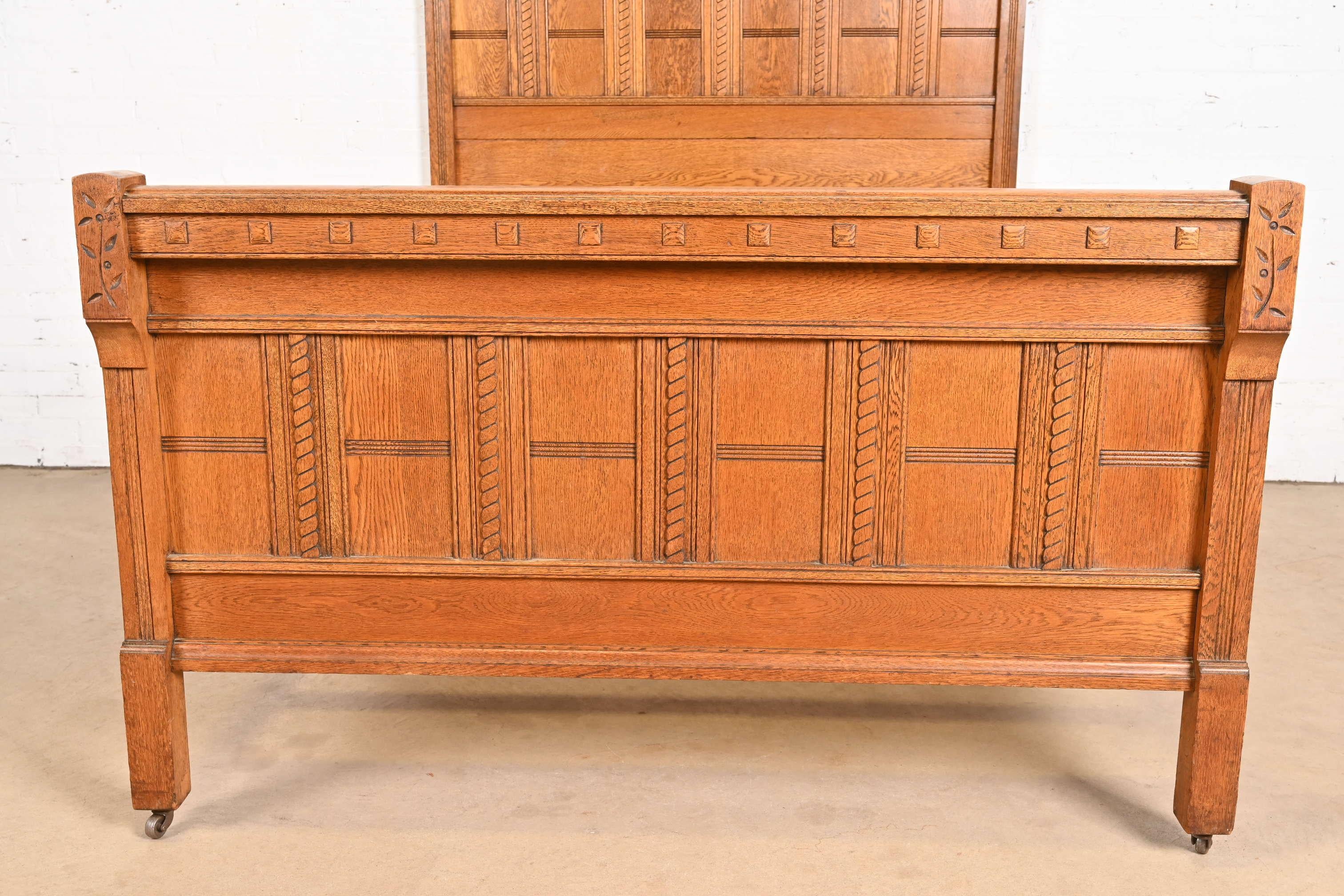 Herter Brothers Style Antique Eastlake Victorian Carved Oak Full Size Bed For Sale 3