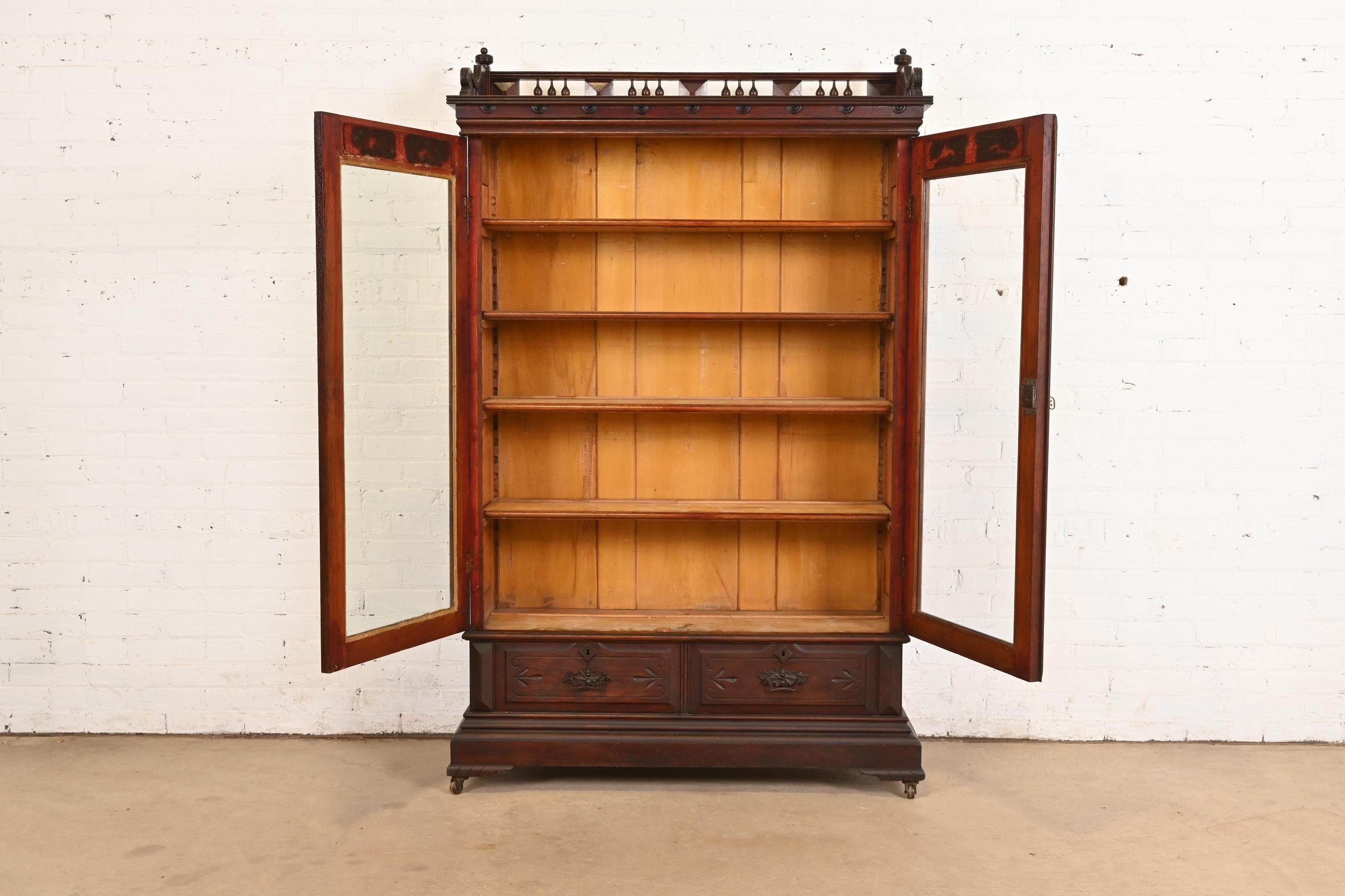 Herter Brothers Style Antique Eastlake Victorian Carved Walnut Bookcase Cabinet For Sale 4
