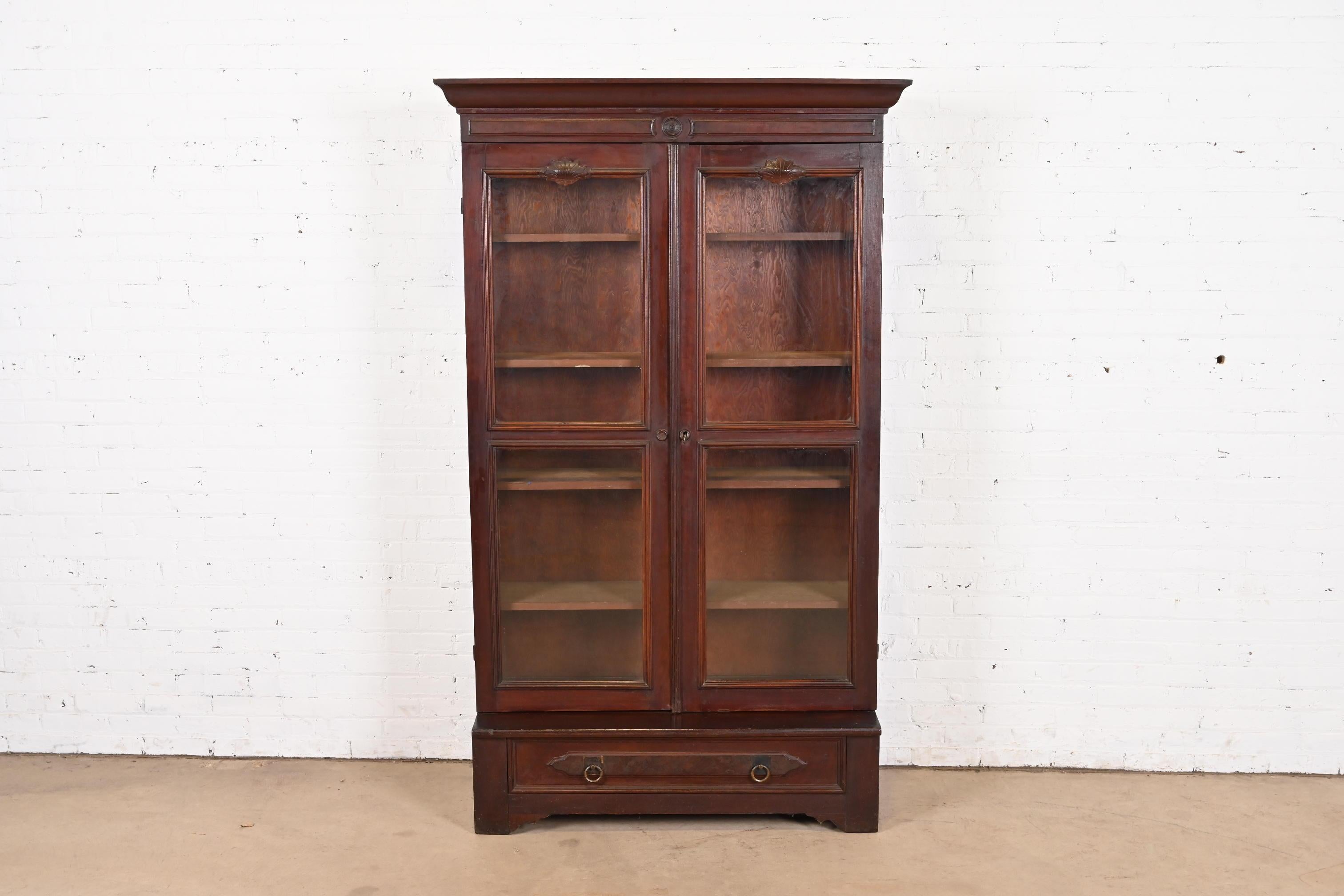American Herter Brothers Style Antique Eastlake Victorian Carved Walnut Bookcase Cabinet For Sale