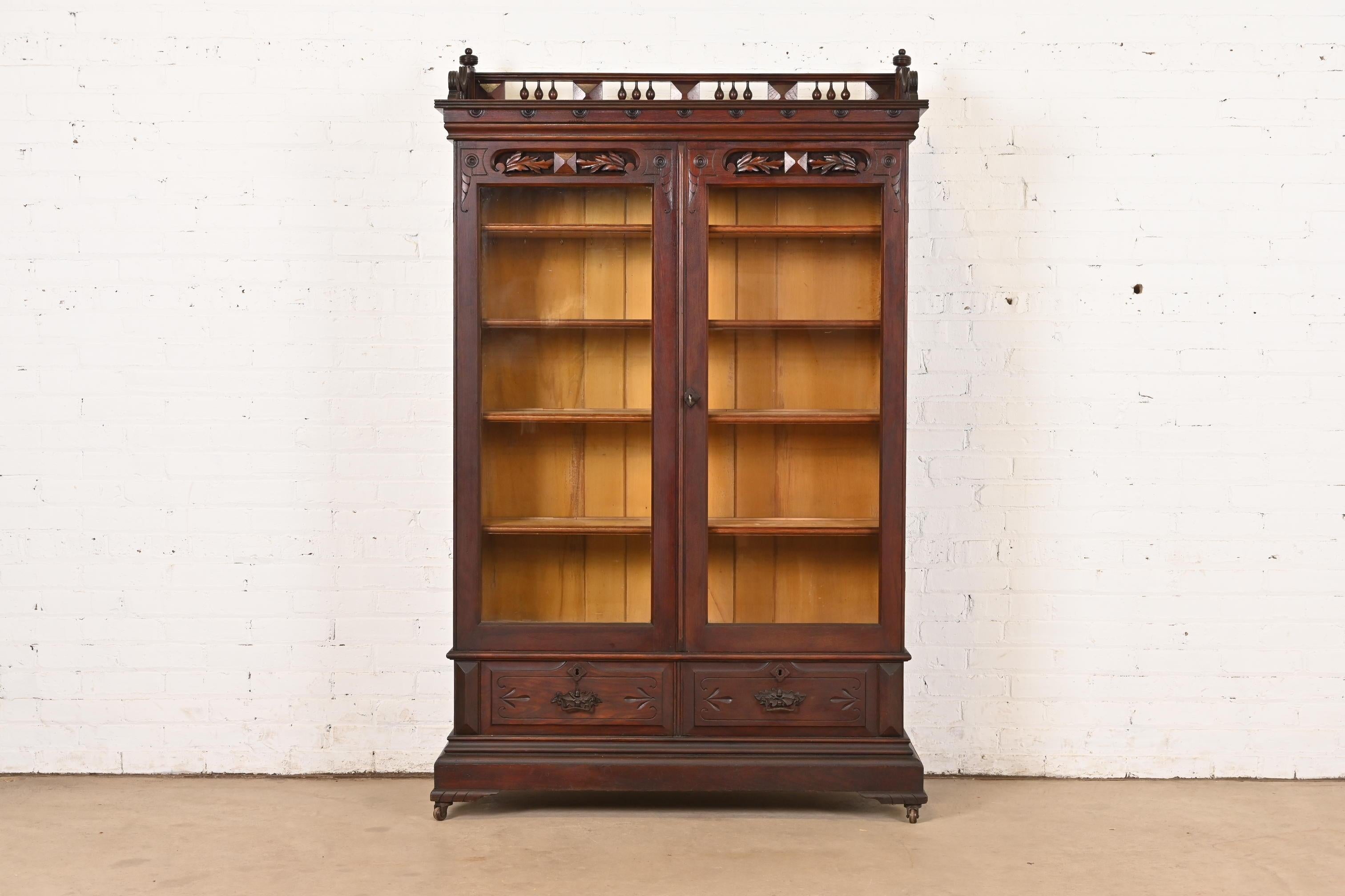 American Herter Brothers Style Antique Eastlake Victorian Carved Walnut Bookcase Cabinet For Sale