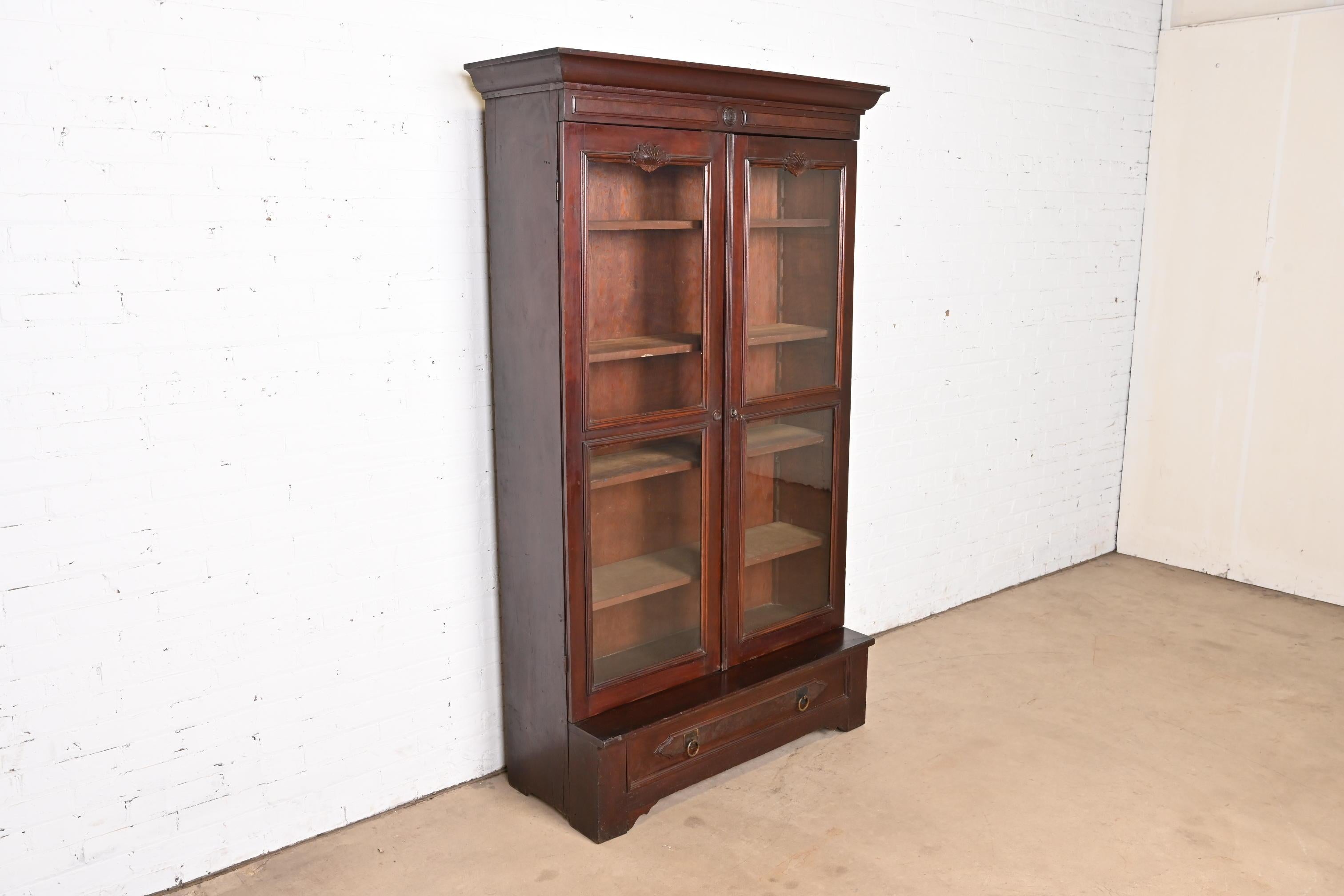 19th Century Herter Brothers Style Antique Eastlake Victorian Carved Walnut Bookcase Cabinet For Sale