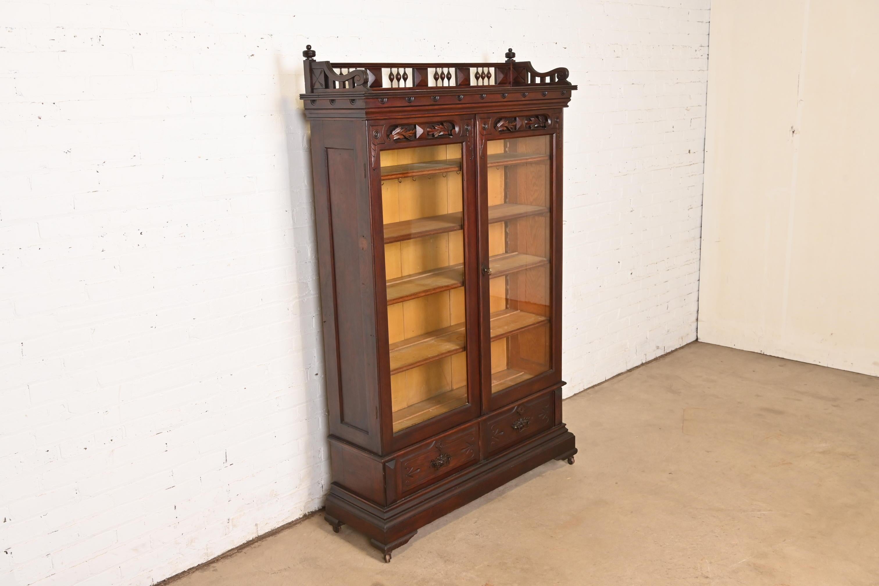 19th Century Herter Brothers Style Antique Eastlake Victorian Carved Walnut Bookcase Cabinet For Sale