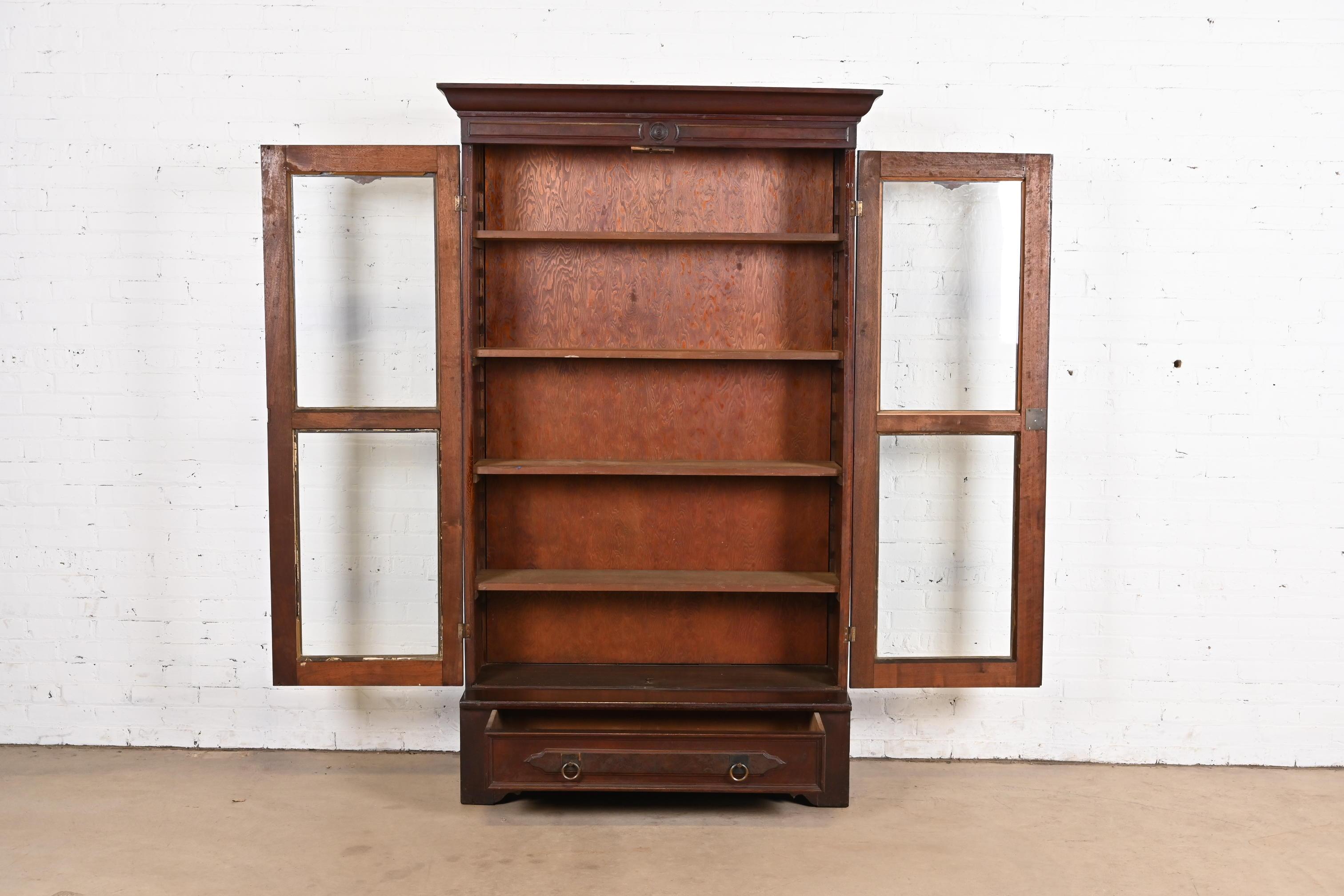 Brass Herter Brothers Style Antique Eastlake Victorian Carved Walnut Bookcase Cabinet For Sale