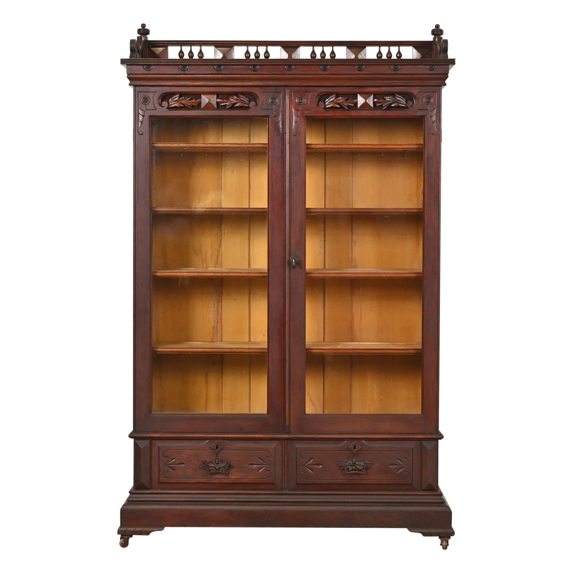 Herter Brothers Style Antique Eastlake Victorian Carved Walnut Bookcase Cabinet For Sale