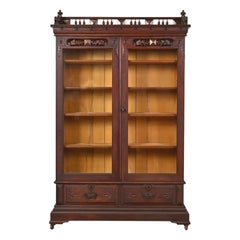 Herter Brothers Style Antique Eastlake Victorian Carved Walnut Bookcase Cabinet