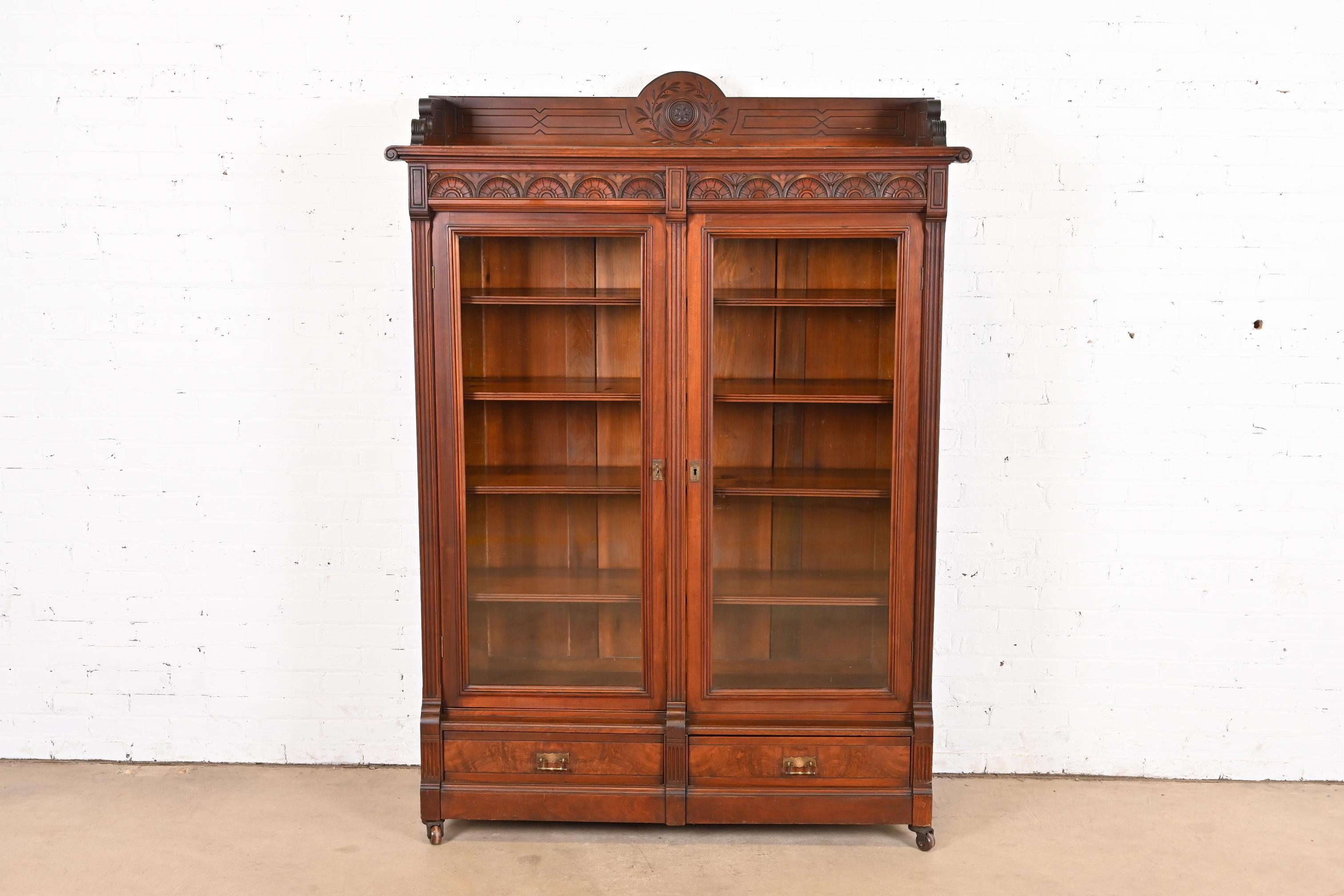 American Herter Brothers Style Antique Eastlake Victorian Carved Walnut Bookcase