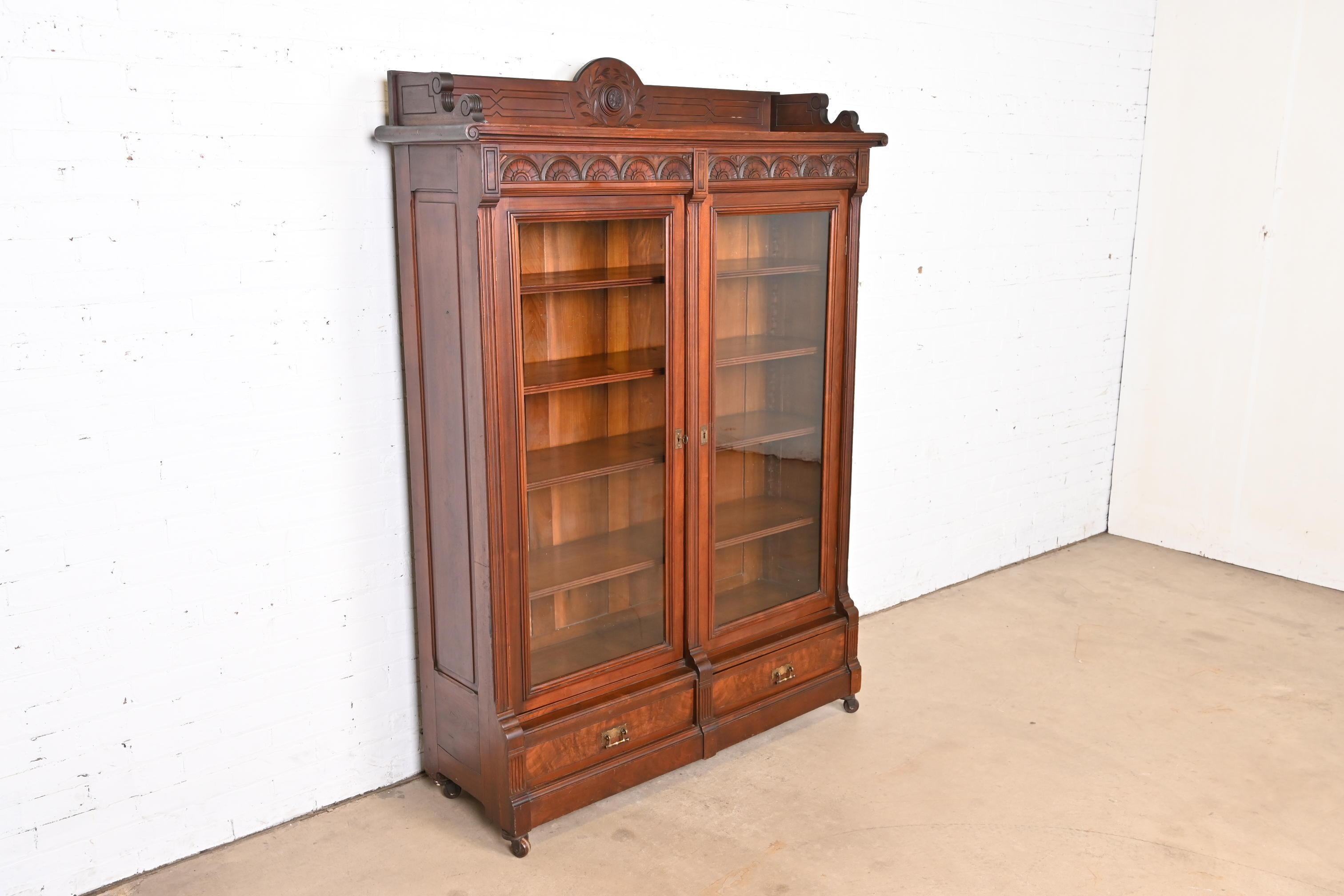 19th Century Herter Brothers Style Antique Eastlake Victorian Carved Walnut Bookcase