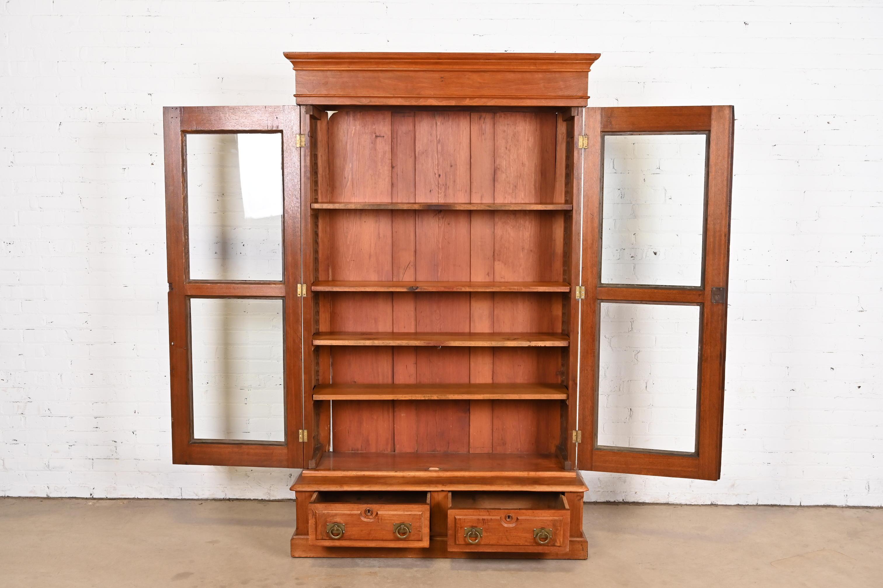 Brass Herter Brothers Style Antique Eastlake Victorian Carved Walnut Bookcase