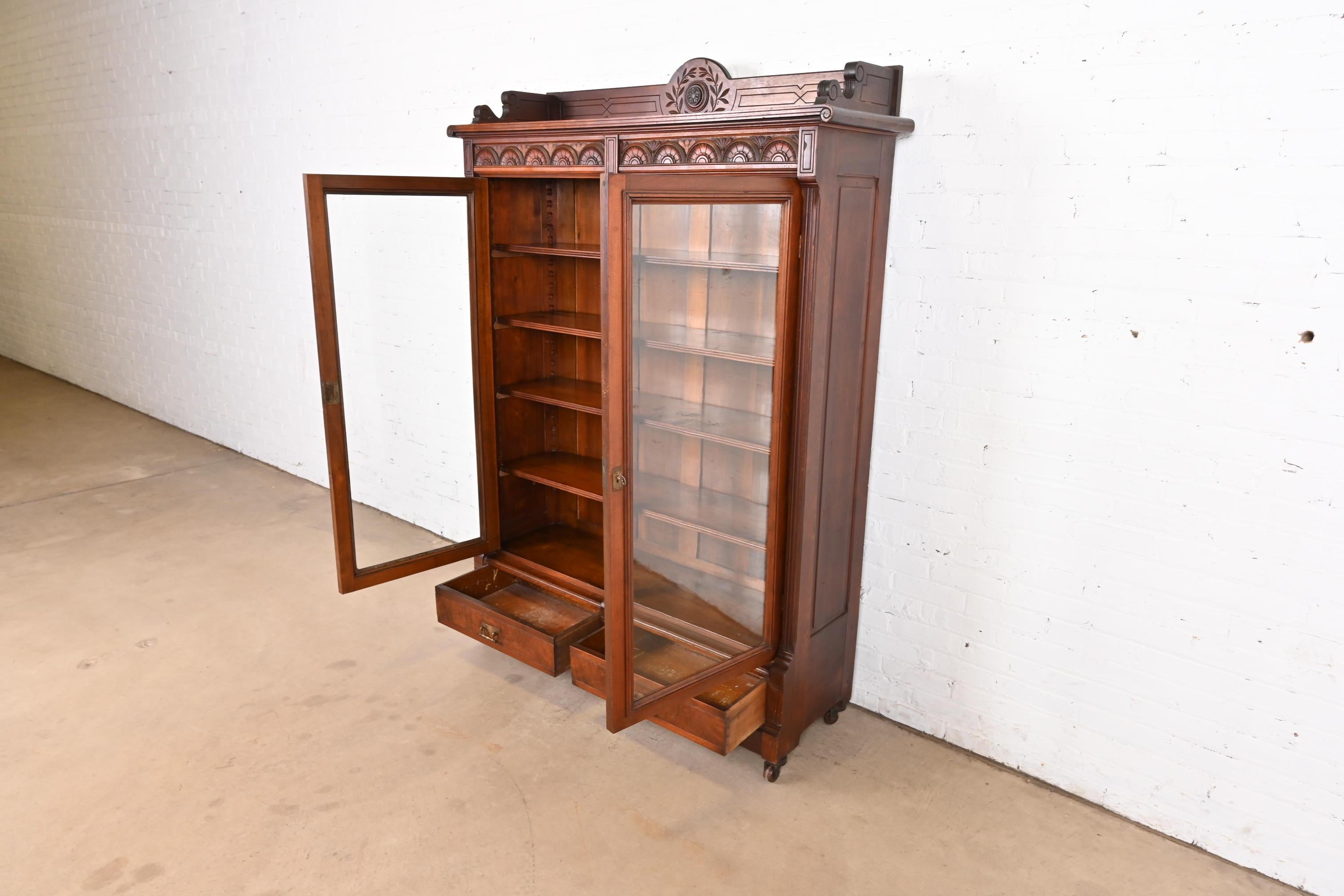 Herter Brothers Style Antique Eastlake Victorian Carved Walnut Bookcase 1