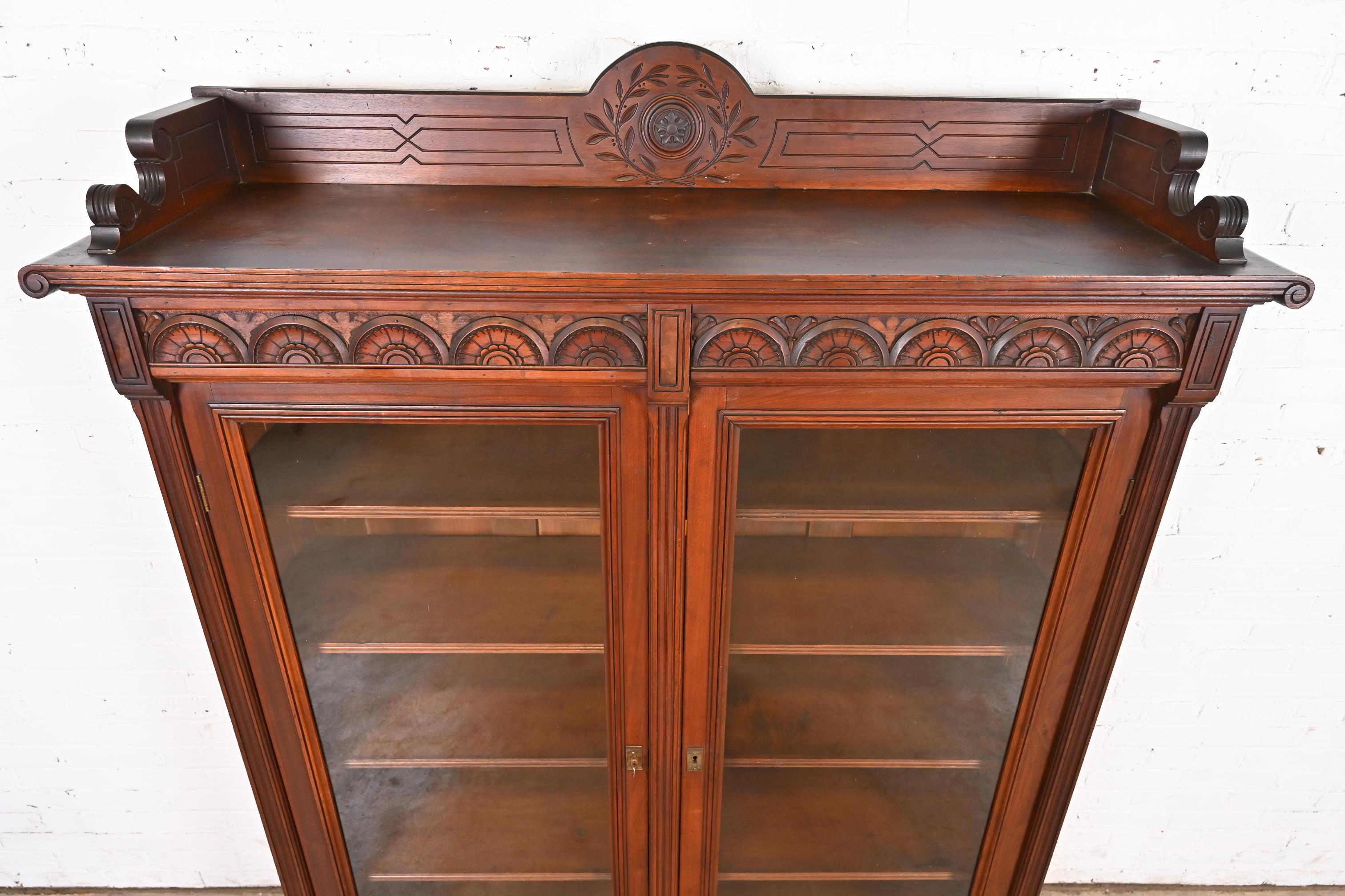 Herter Brothers Style Antique Eastlake Victorian Carved Walnut Bookcase 2