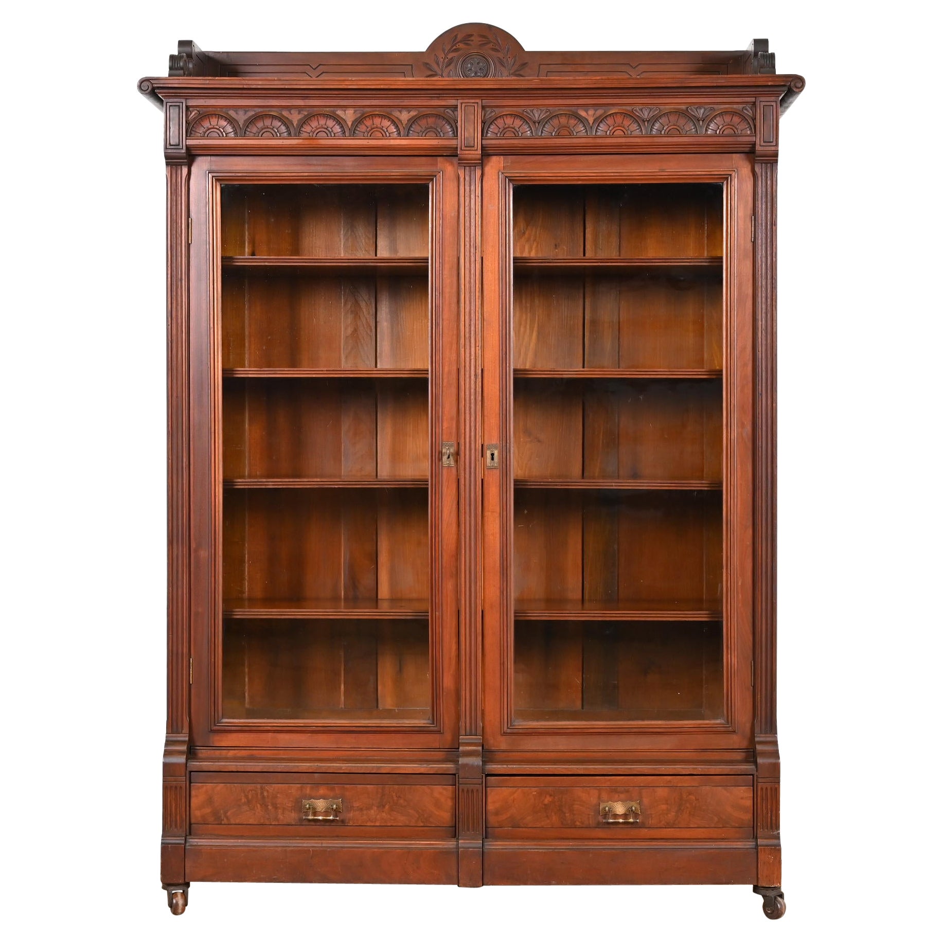 Herter Brothers Style Antique Eastlake Victorian Carved Walnut Bookcase