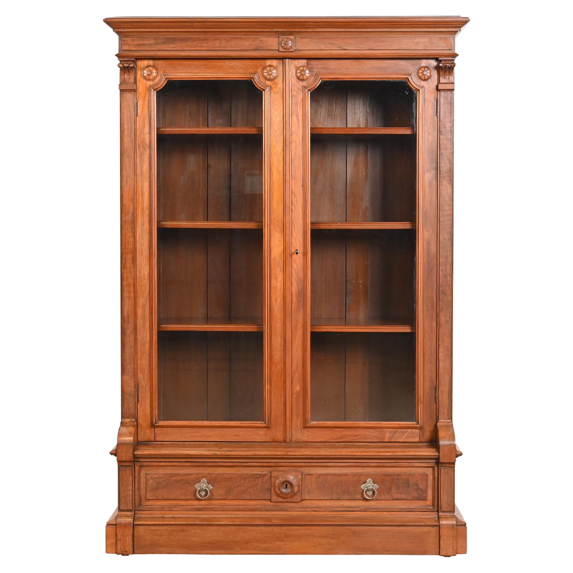 Herter Brothers Style Antique Eastlake Victorian Carved Walnut Bookcase
