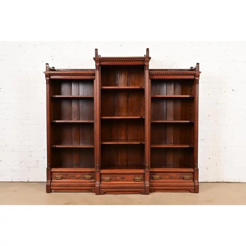 Herter Brothers Style Antique Eastlake Victorian Triple Bookcase, Circa 1880s