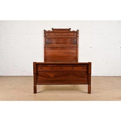 Herter Brothers Style Antique Victorian Burled Walnut Full Size Bed, Circa 1880s