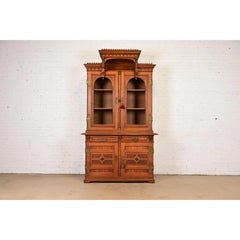 Herter Brothers Style Antique Victorian Carved Oak Breakfront Bookcase Cabinet