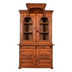 Herter Brothers Style Antique Victorian Carved Oak Breakfront Bookcase Cabinet