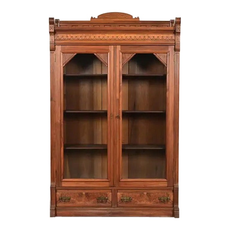 Herter Brothers Style Antique Victorian Carved Walnut Bookcase, Circa 1880s For Sale