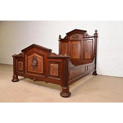 Herter Brothers Style Antique Victorian Carved Walnut Full Size Bed, Circa 1880s