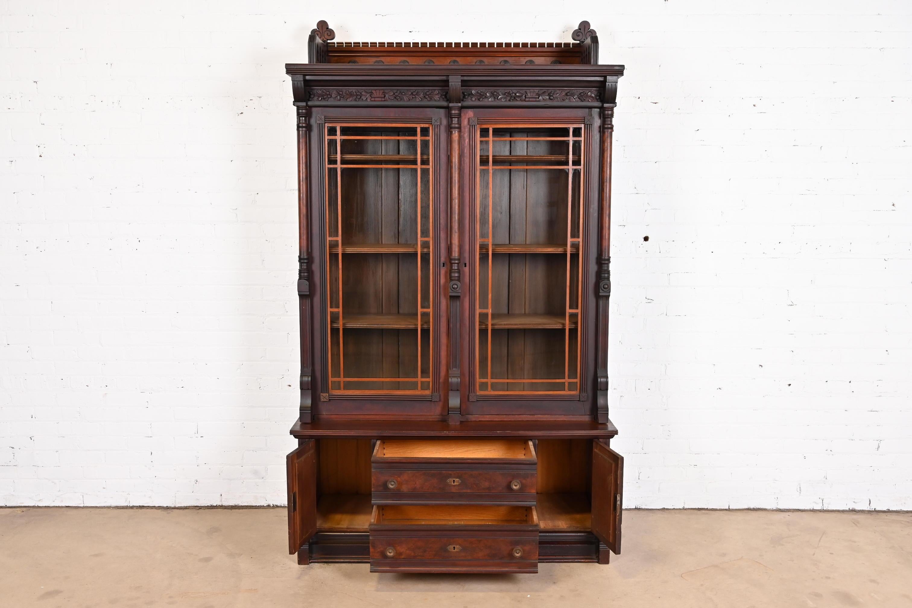 Herter Brothers Style Eastlake Victorian Carved Walnut and Burl Wood Bookcase 2