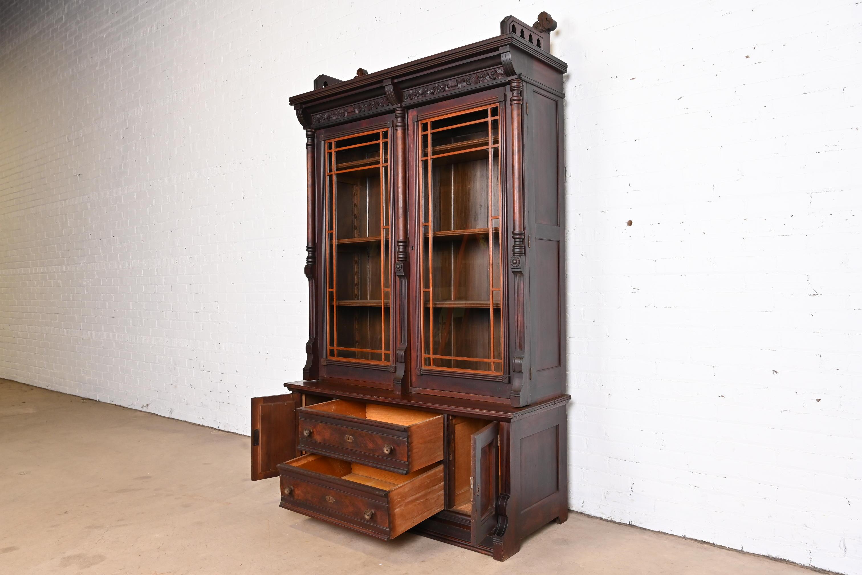 Herter Brothers Style Eastlake Victorian Carved Walnut and Burl Wood Bookcase 3