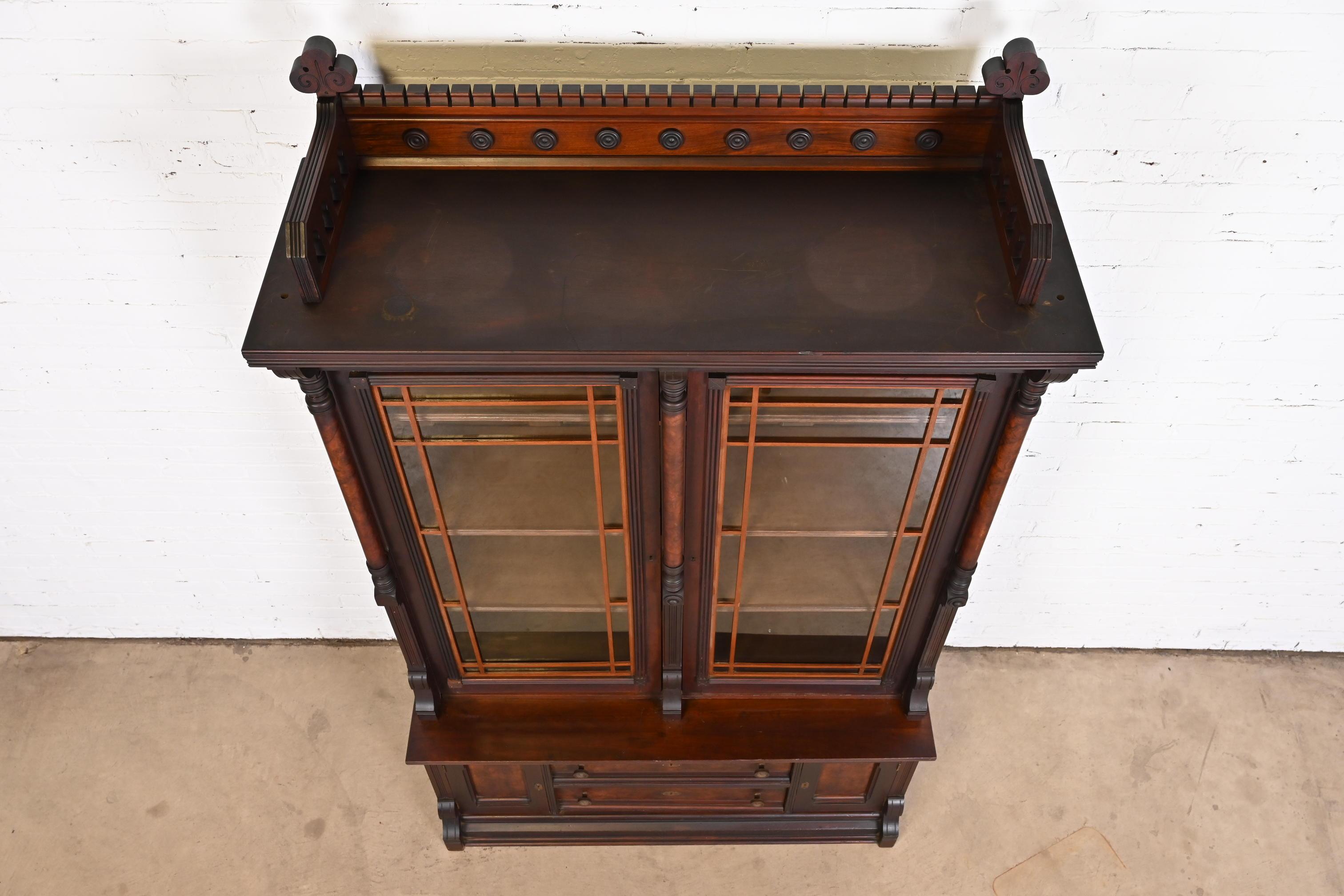 Herter Brothers Style Eastlake Victorian Carved Walnut and Burl Wood Bookcase 5