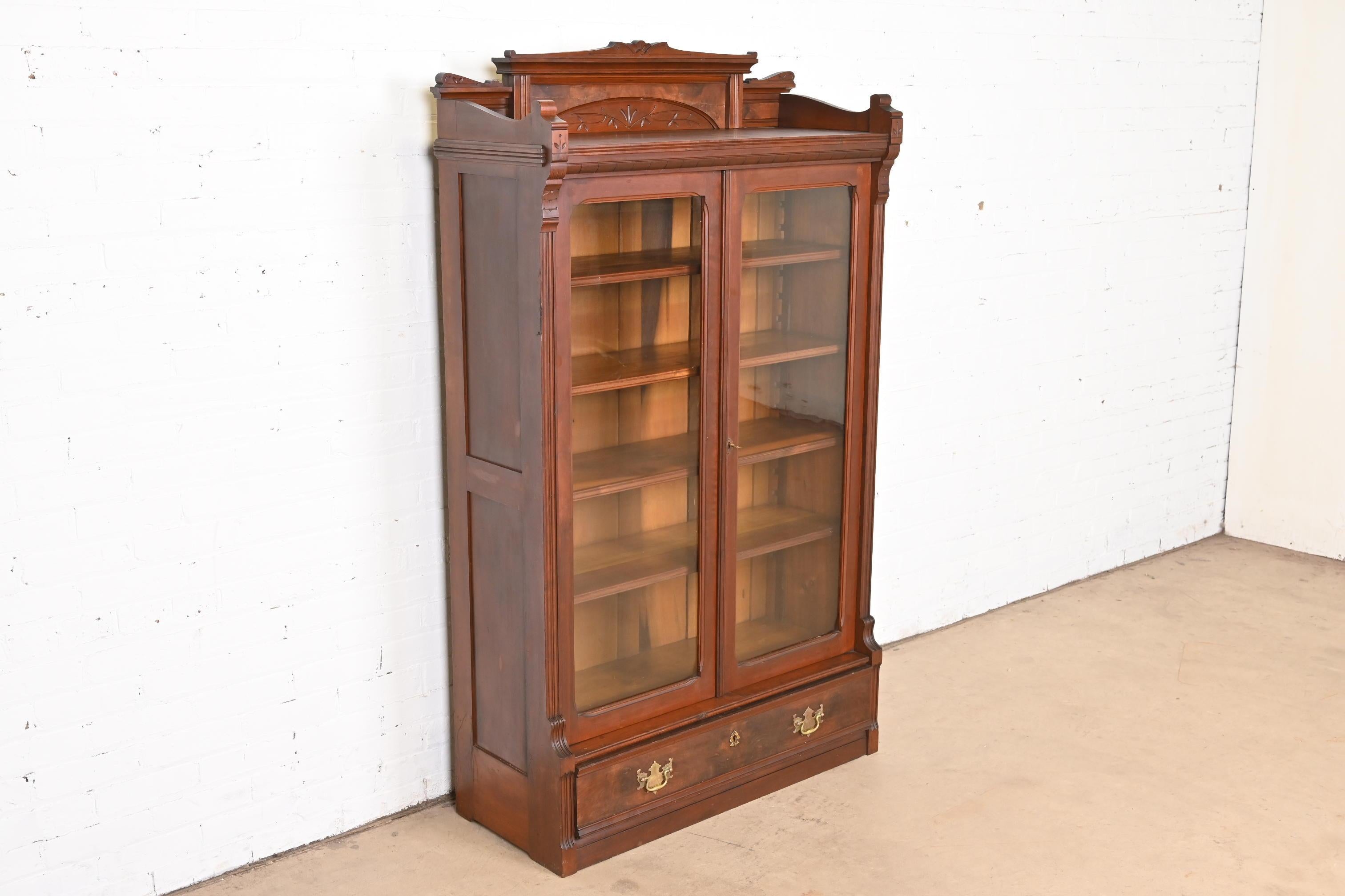 Brass Herter Brothers Style Eastlake Victorian Carved Walnut and Burl Wood Bookcase