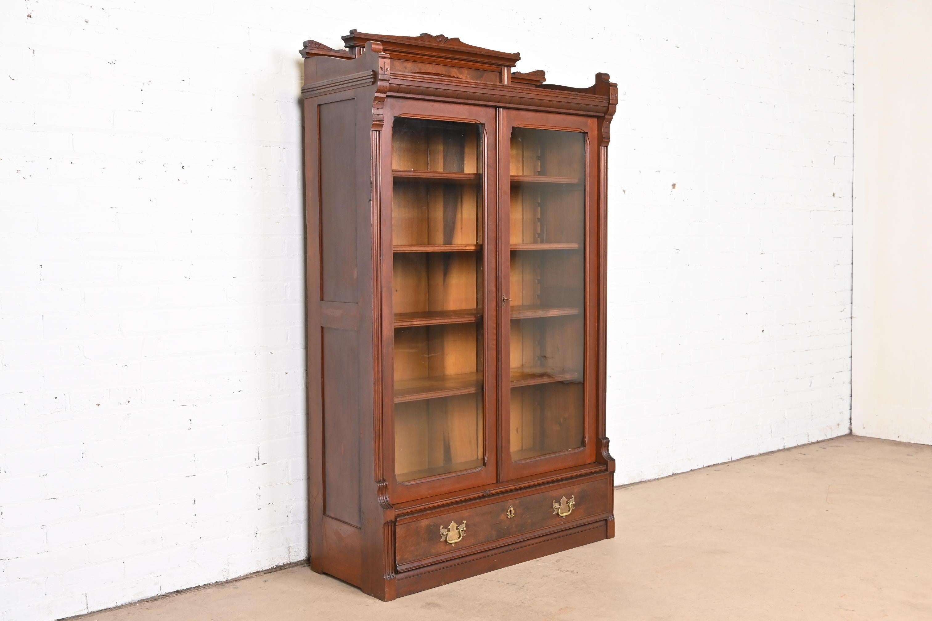 Herter Brothers Style Eastlake Victorian Carved Walnut and Burl Wood Bookcase 1