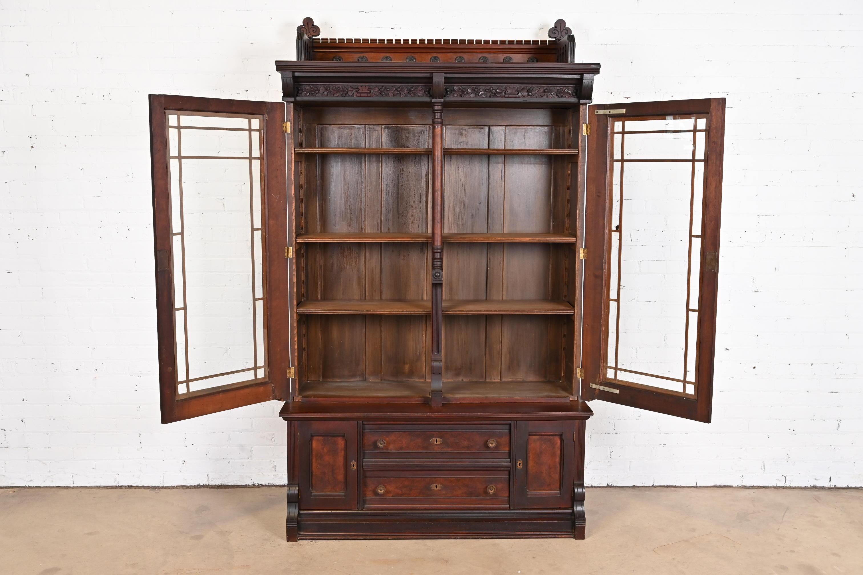 19th Century Herter Brothers Style Eastlake Victorian Carved Walnut and Burl Wood Bookcase