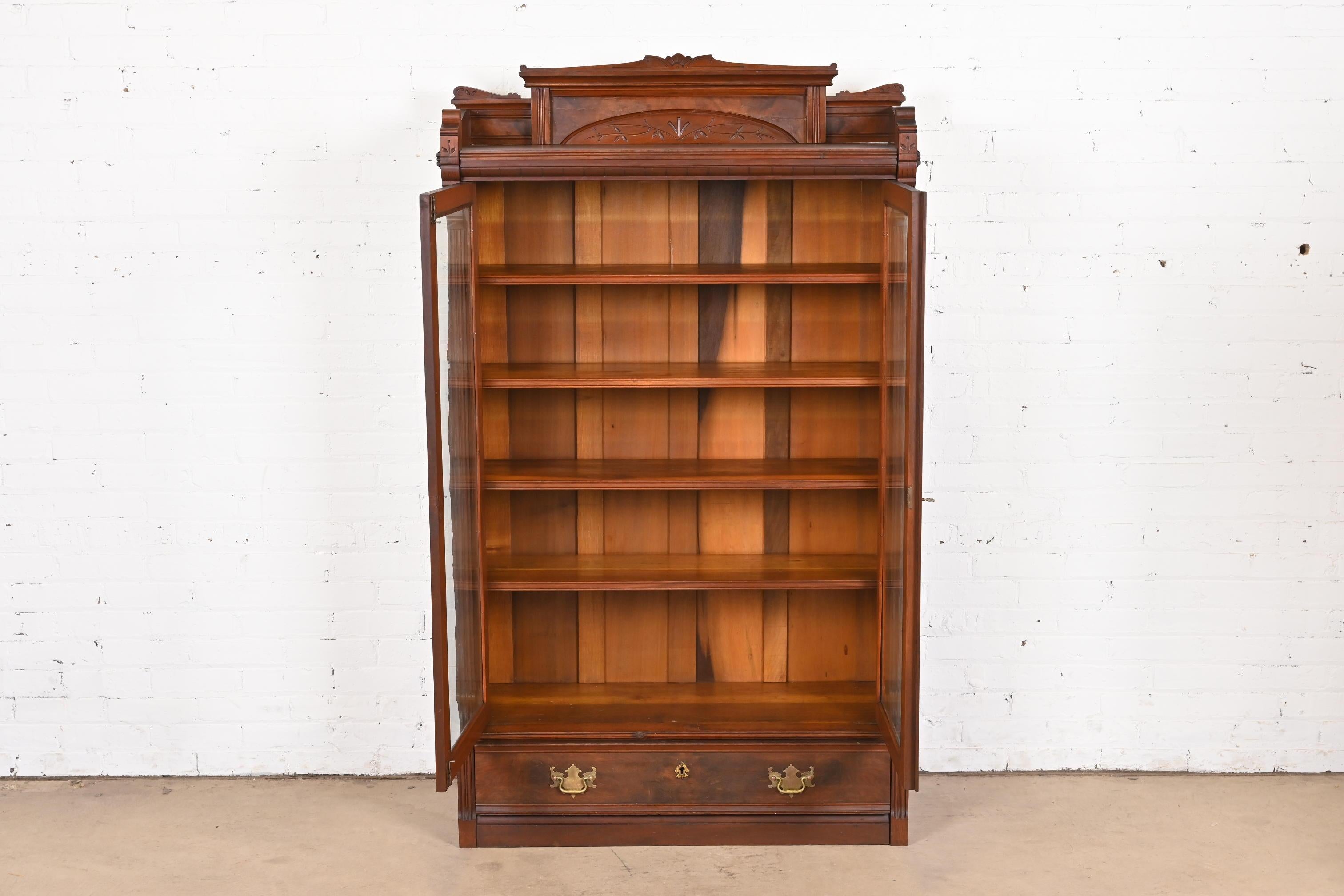 Herter Brothers Style Eastlake Victorian Carved Walnut and Burl Wood Bookcase 2