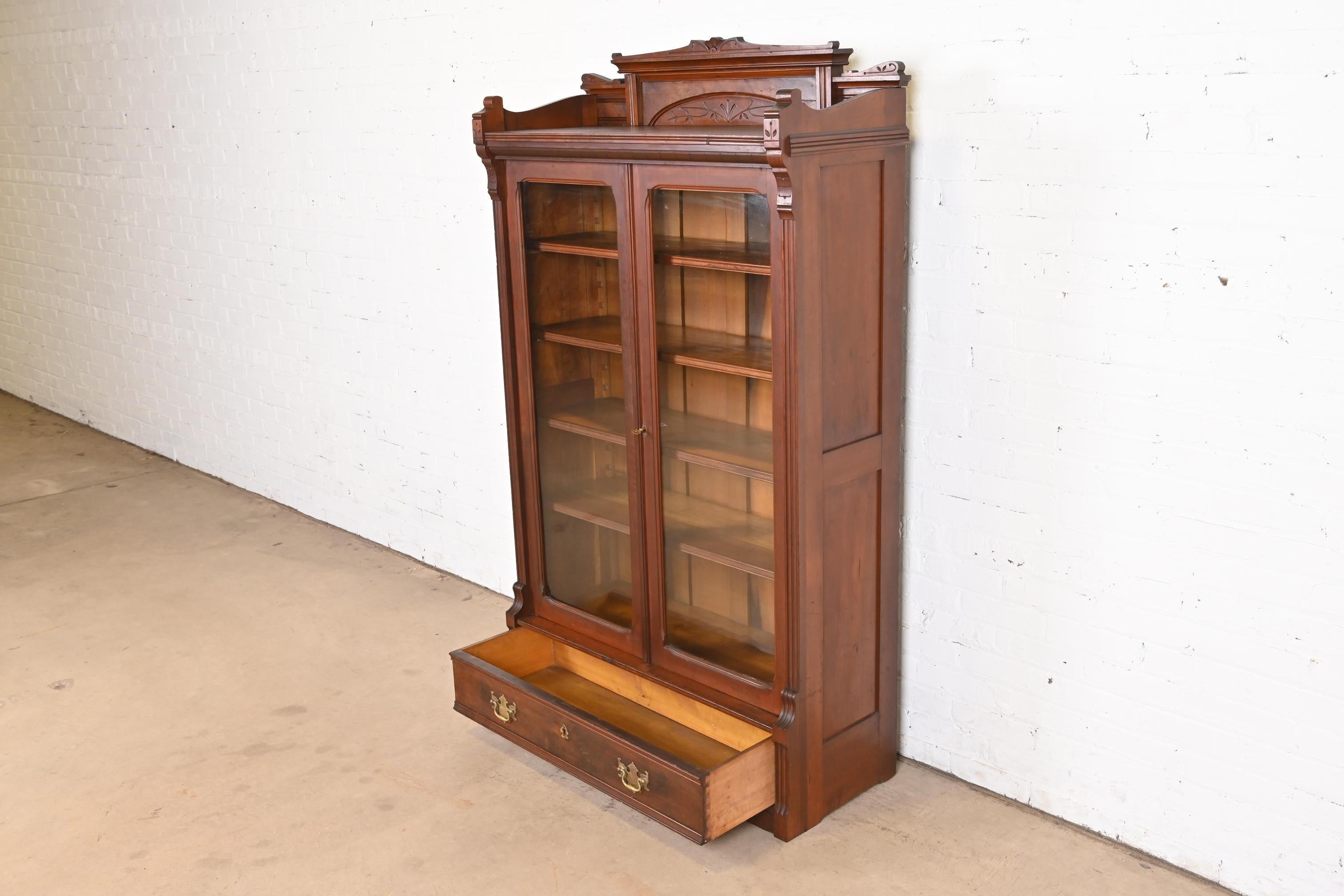 Herter Brothers Style Eastlake Victorian Carved Walnut and Burl Wood Bookcase 3