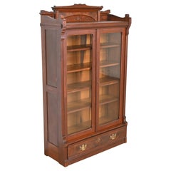 Antique Herter Brothers Style Eastlake Victorian Carved Walnut and Burl Wood Bookcase