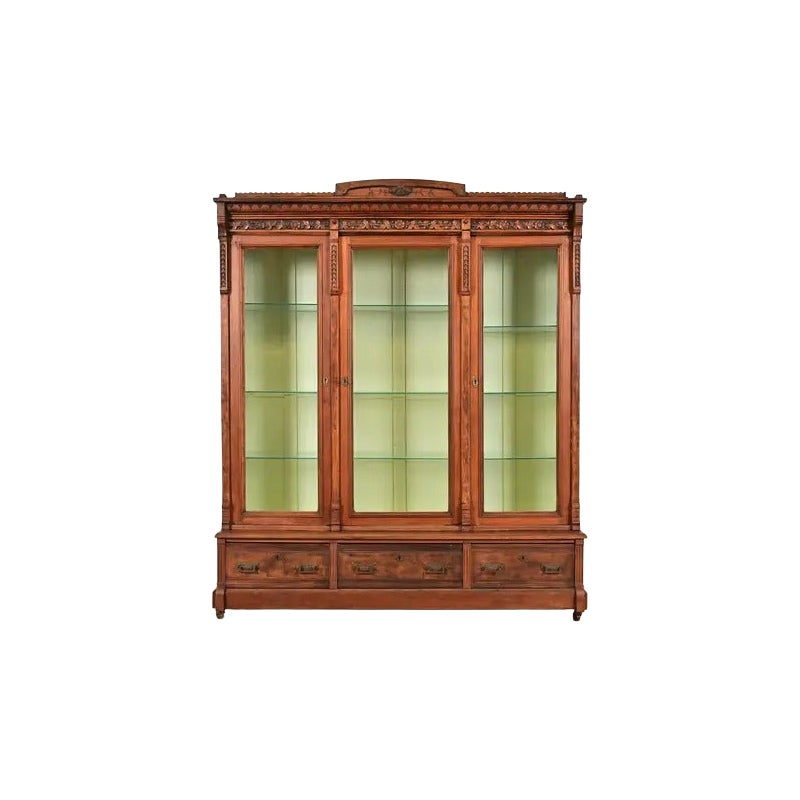 Herter Brothers Style Eastlake Victorian Walnut Triple Bookcase, Circa 1880s
