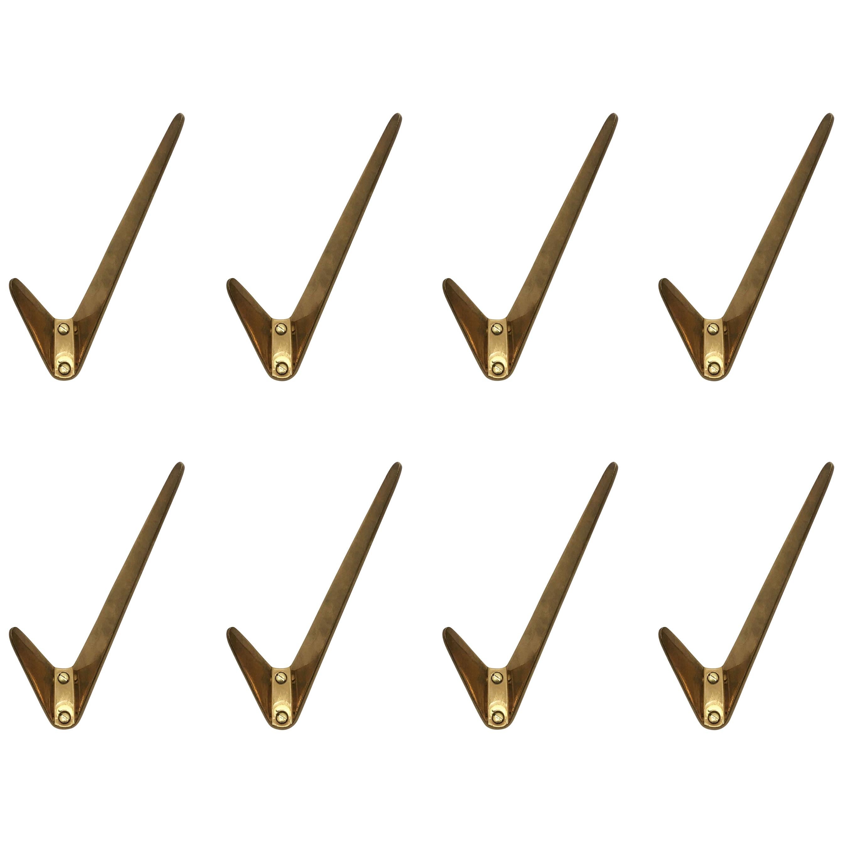 Hertha Baller Polished Brass Wall Hooks Model 'Neubau' 8 Pieces Available.