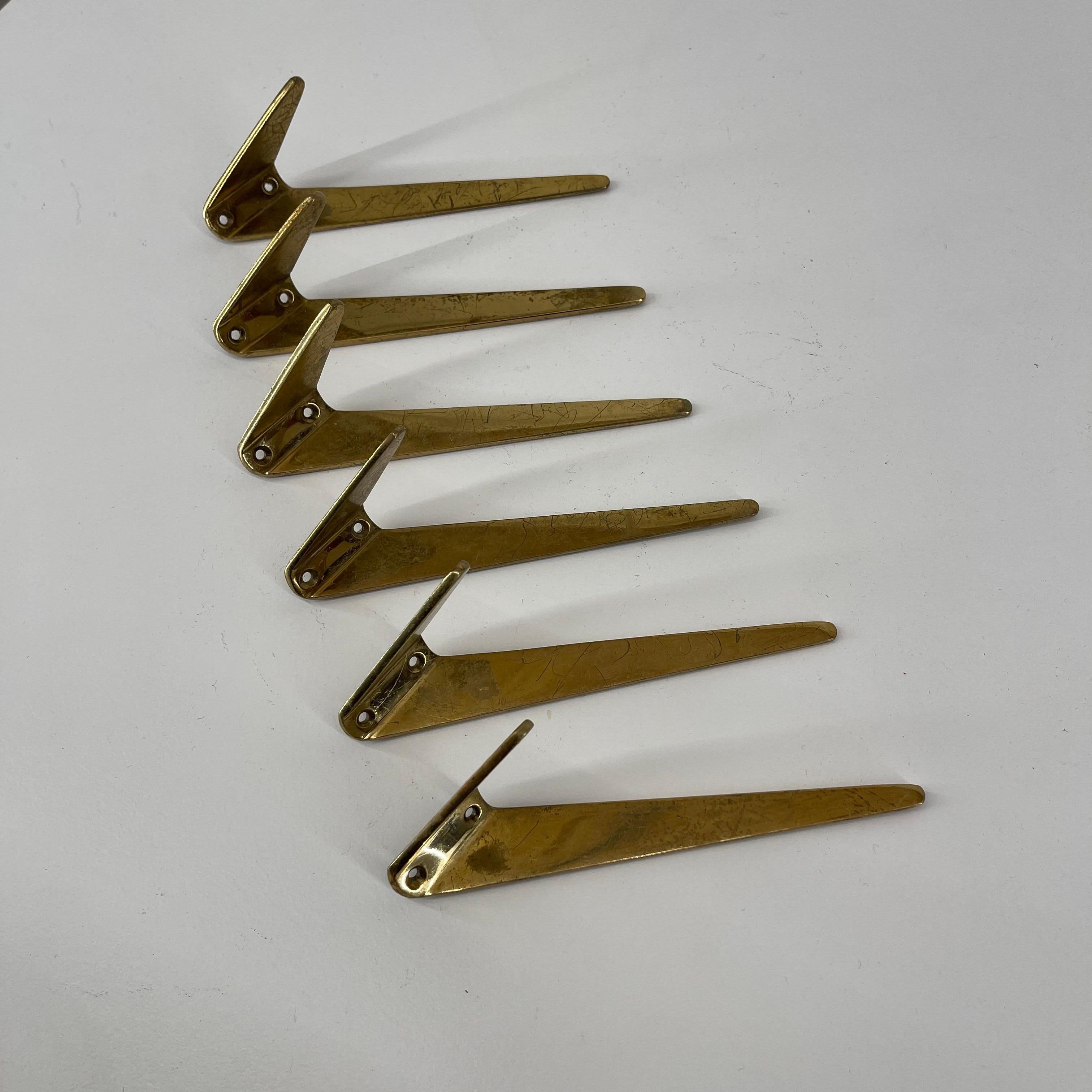 Hertha Baller brass wall hooks Model 'Josefstadt' 6 pieces available, 1950s.