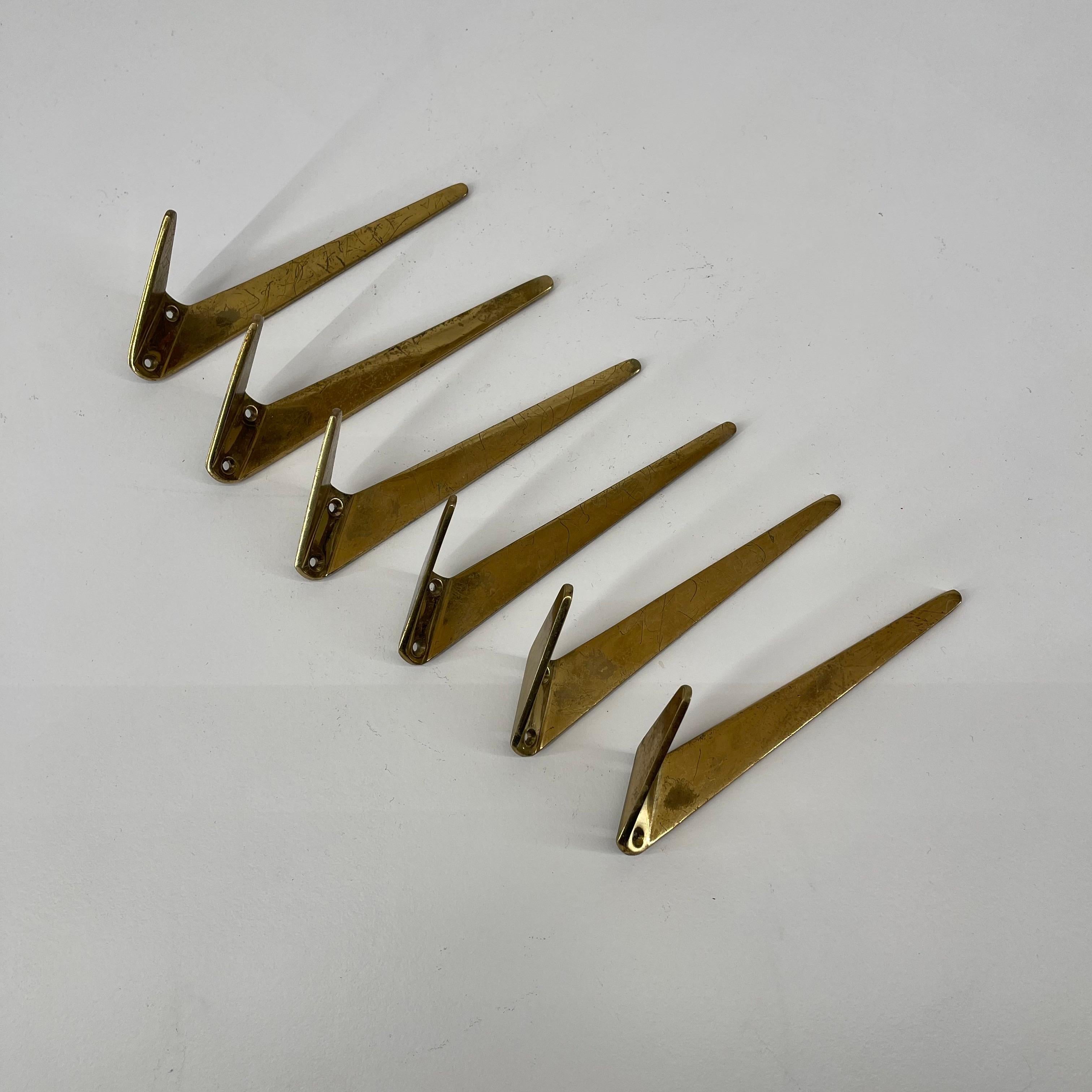 Mid-Century Modern Hertha Baller Brass Wall Hooks Model 'Josefstadt' 6 Pieces Available, 1950s For Sale