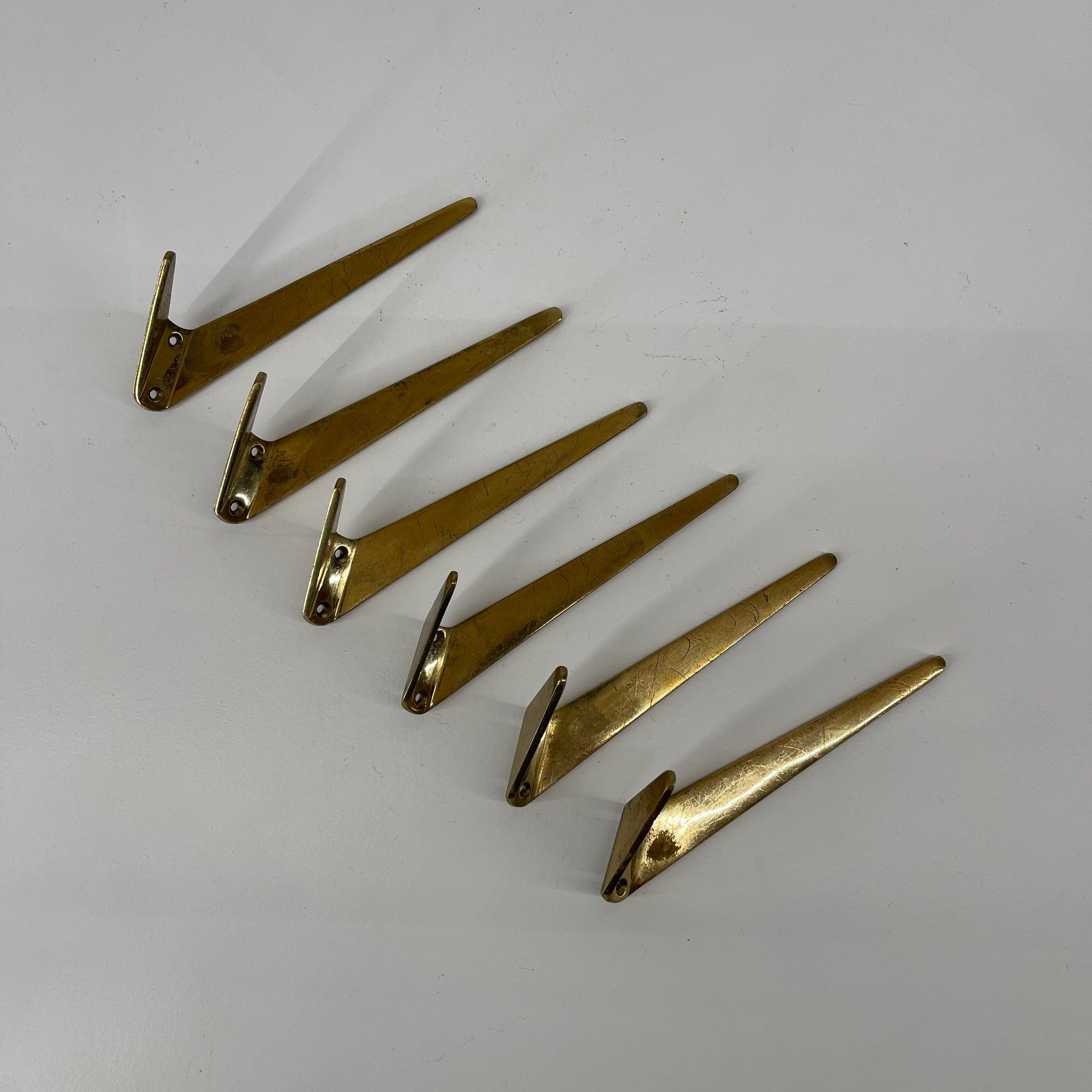 Austrian Hertha Baller Brass Wall Hooks Model 'Josefstadt' 6 Pieces Available, 1950s For Sale