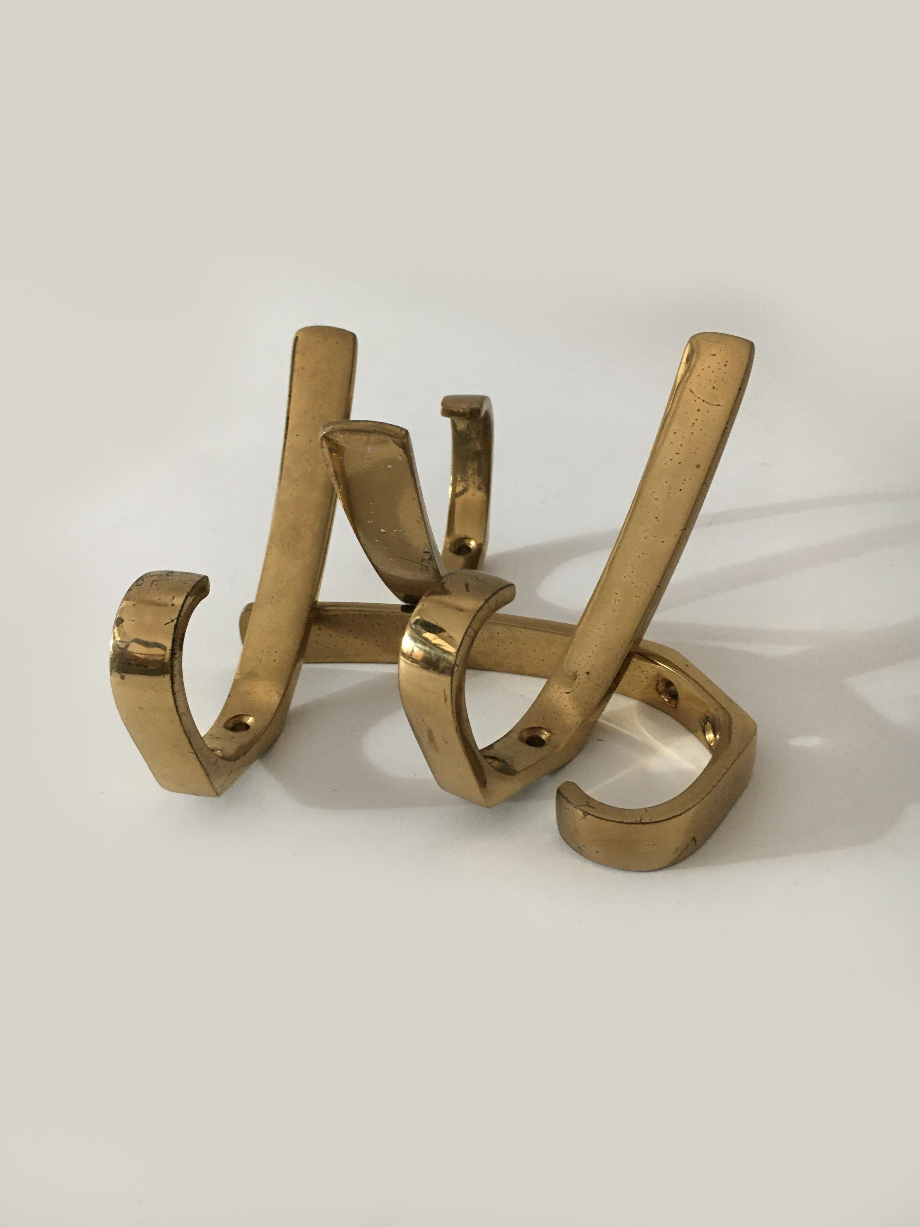 Mid-Century Modern Hertha Baller Vintage Brass Wall Hooks Model 'Oper' Set of Four, Austria 1950s